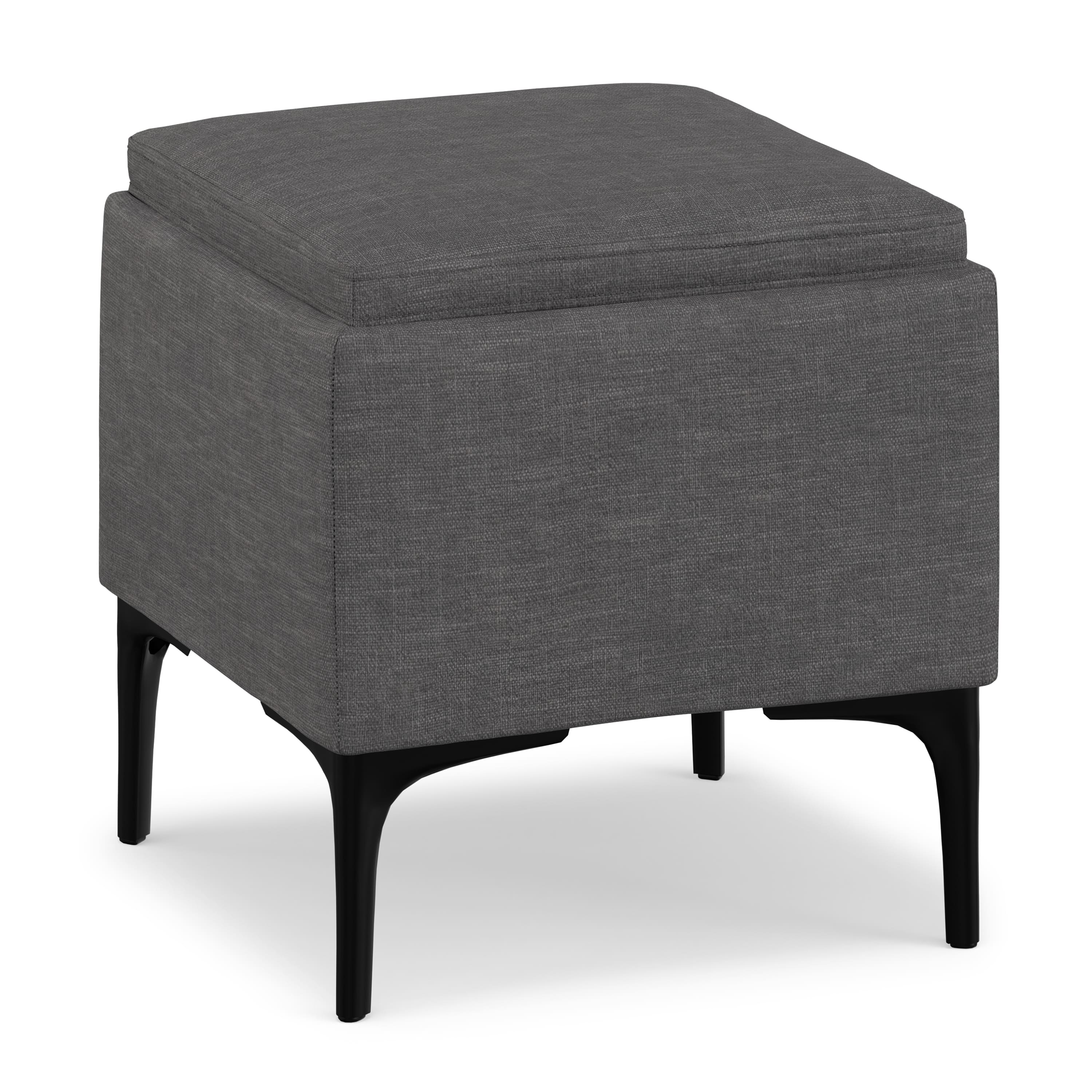 Simpli Home - Natasha 18 inch Wide Mid Century Square Mid Century Storage Ottoman with Tray Polyester Linen, Assembled - Slate Grey