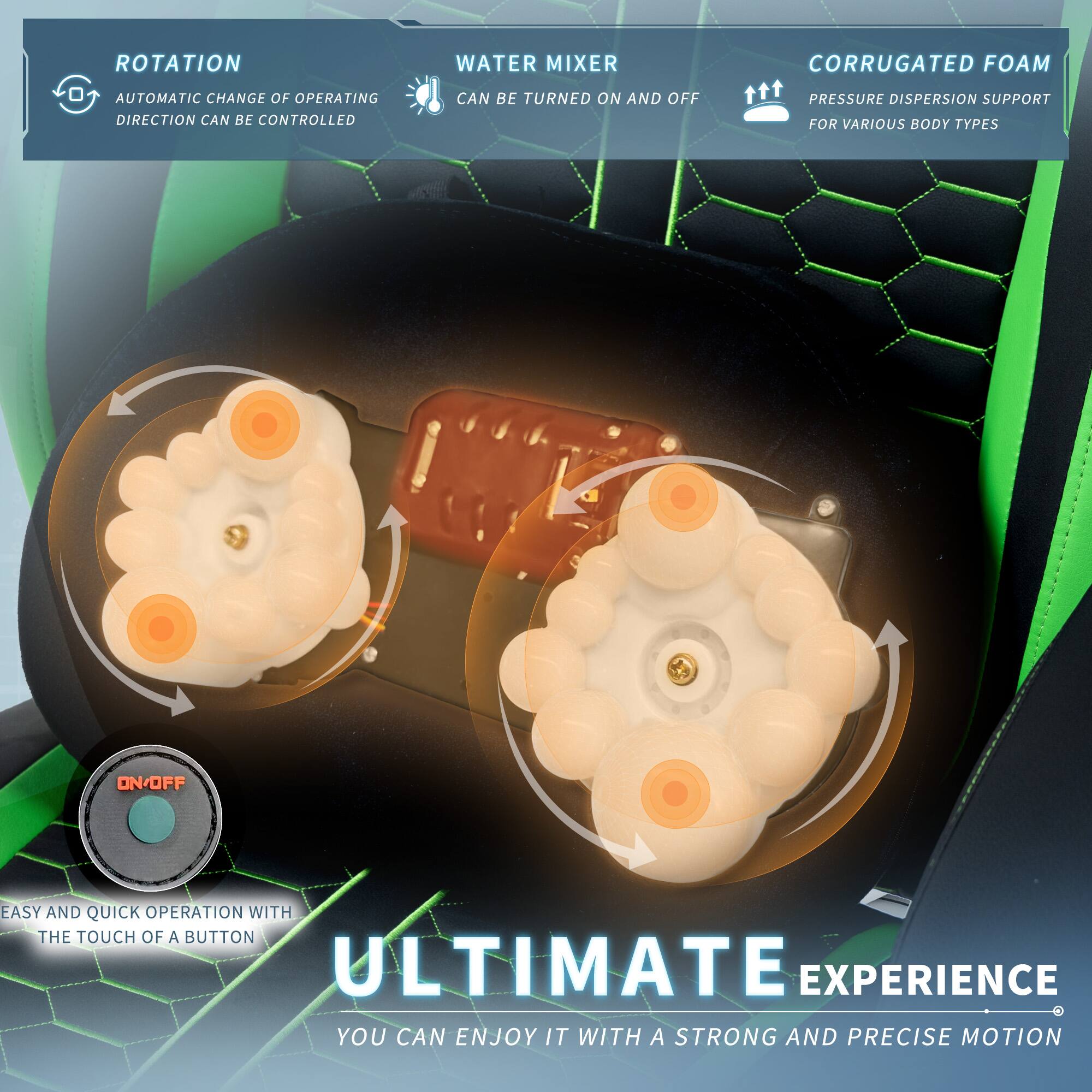 - **ROTATION**
  - AUTOMATIC CHANGE OF OPERATING DIRECTION CAN BE CONTROLLED

- **WATER MIXER**
  - CAN BE TURNED ON AND OFF

- **CORRUGATED FOAM**
  - PRESSURE DISPERSION SUPPORT FOR VARIOUS BODY TYPES

- **EASY AND QUICK OPERATION WITH THE TOUCH OF A BUTTON**

- **ULTIMATE EXPERIENCE**
  - YOU CAN ENJOY IT WITH A STRONG AND PRECISE MOTION