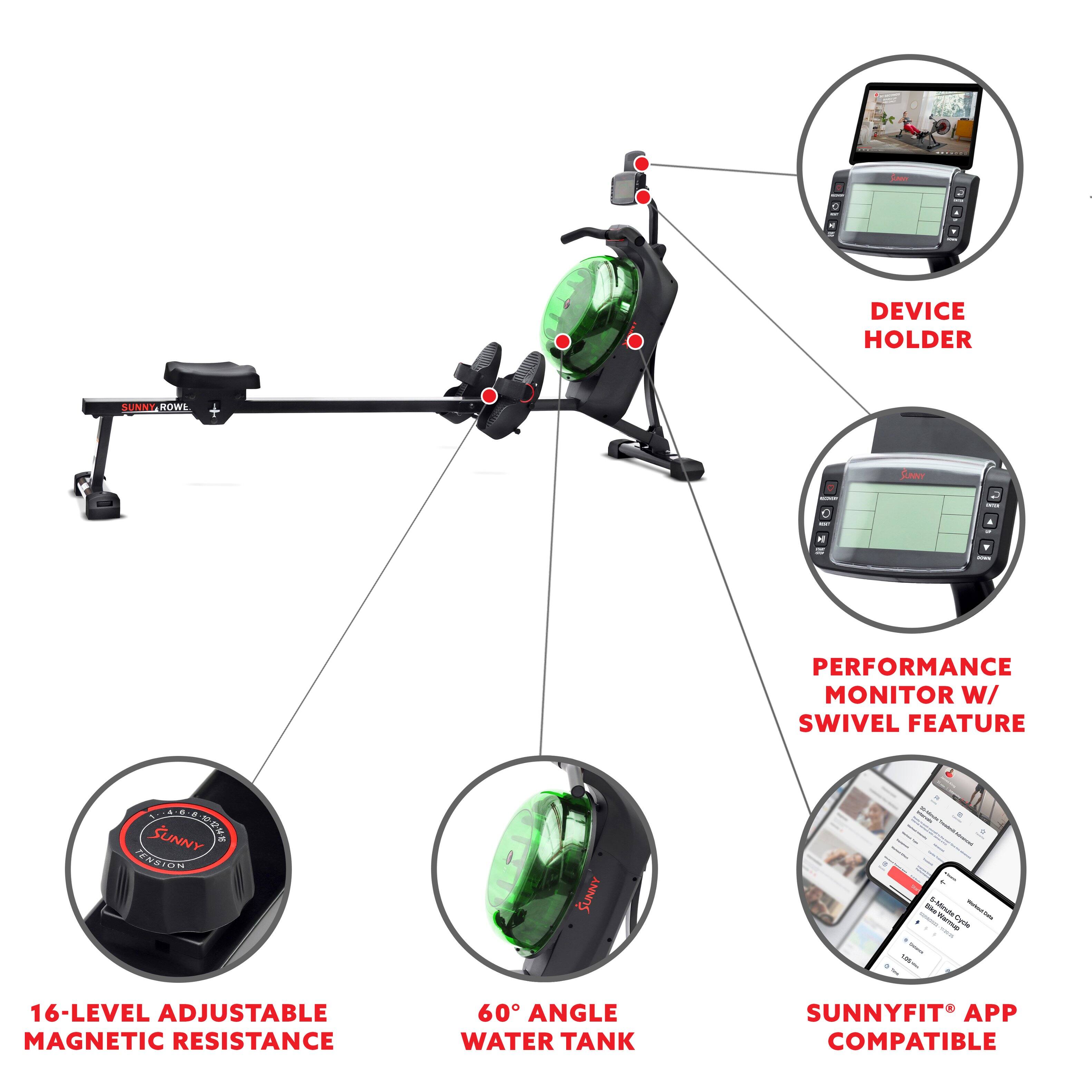 DEVICE HOLDER, PERFORMANCE MONITOR W/ SWIVEL FEATURE, 16-LEVEL ADJUSTABLE MAGNETIC RESISTANCE, 60° ANGLE WATER TANK, SUNNYFIT APP COMPATIBLE