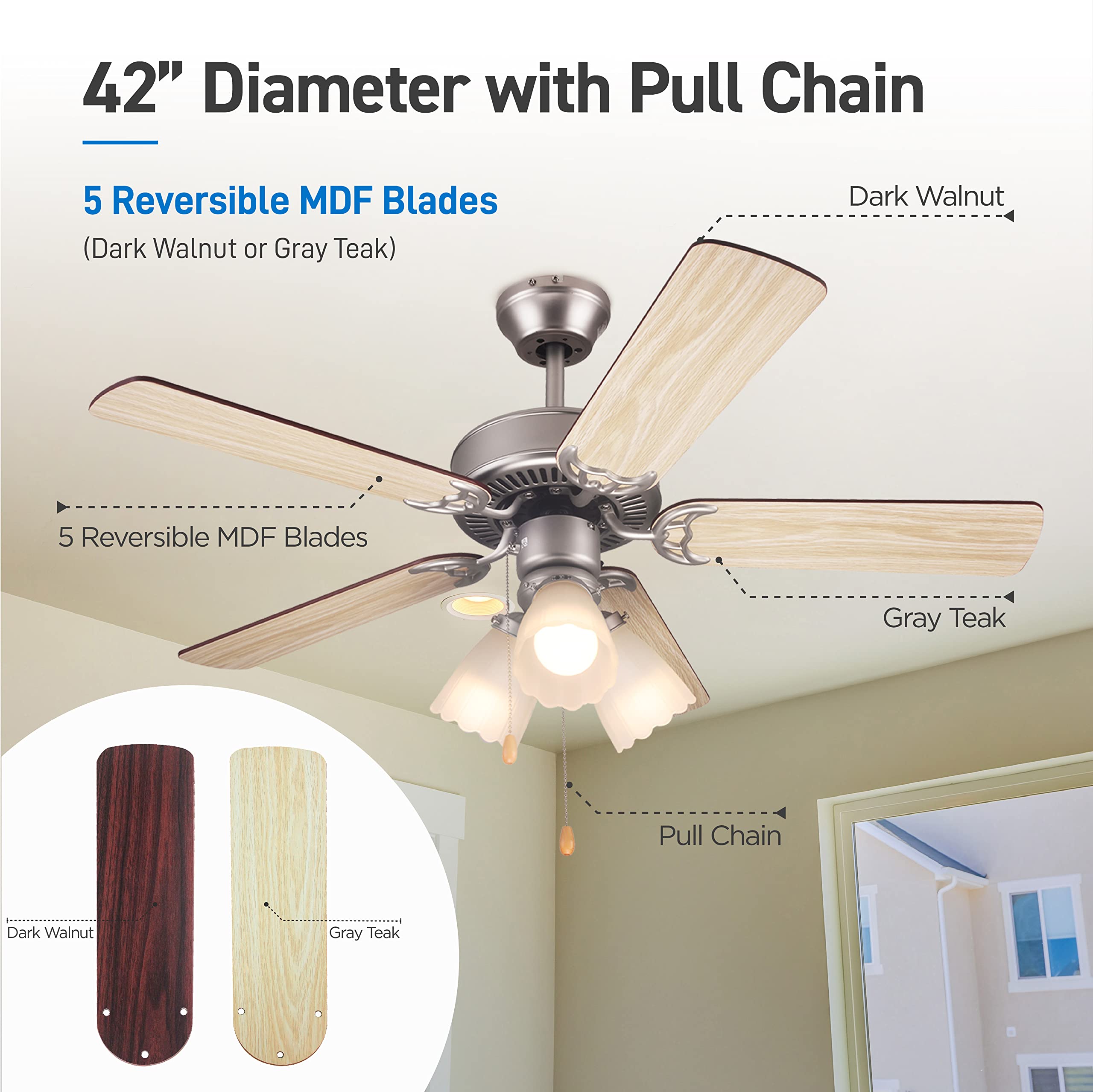 42" Diameter with Pull Chain - 5 Reversible MDF Blades (Dark Walnut or Gray Teak) - Dark Walnut 5 Reversible MDF Blades Gray Teak Pull Chain Dark Walnut Gray Teak