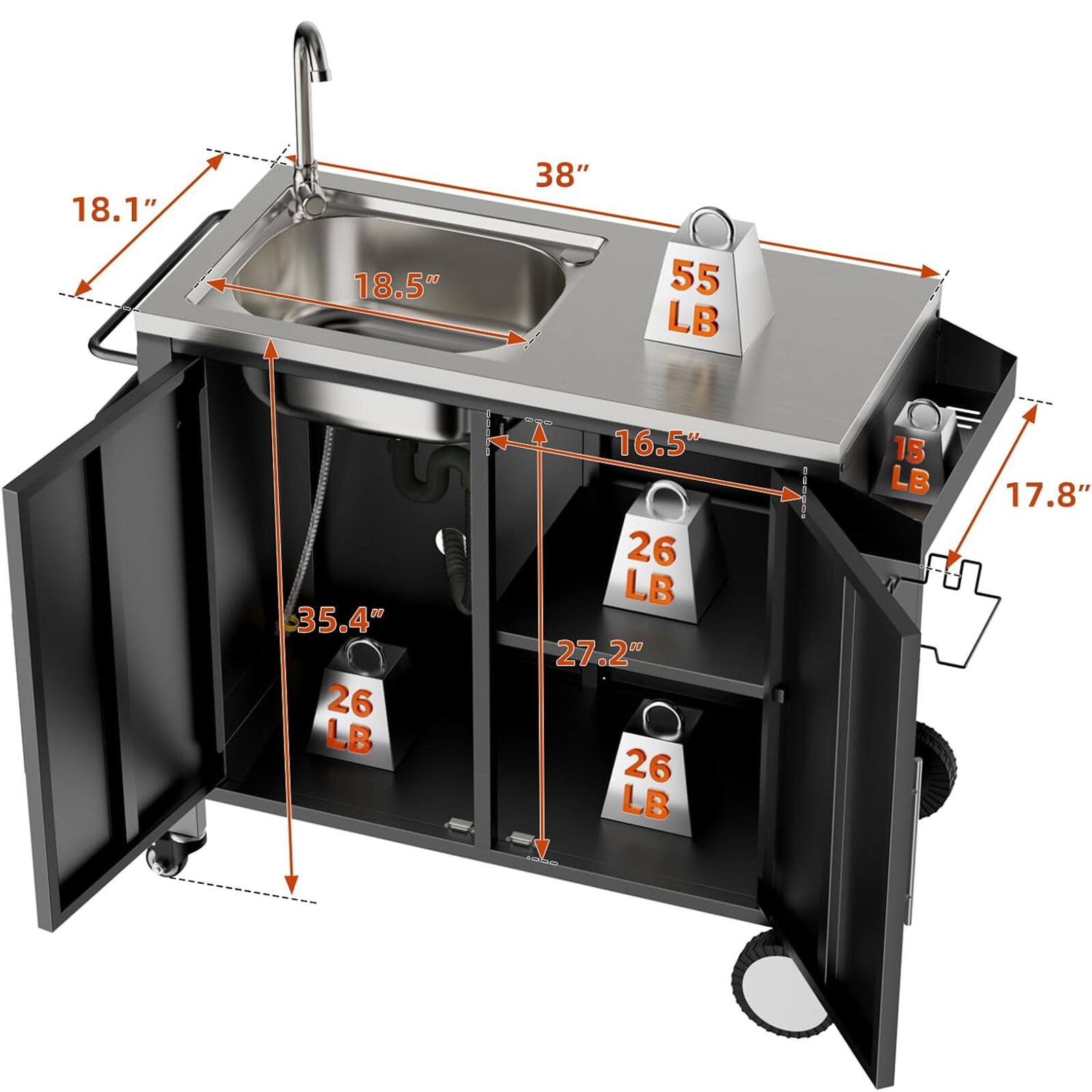 18.1" 18.5" 38" 55 LB 35.4" 26 LB 16.5" 26 LB 27.2" 26 LB 15 LB 17.8"