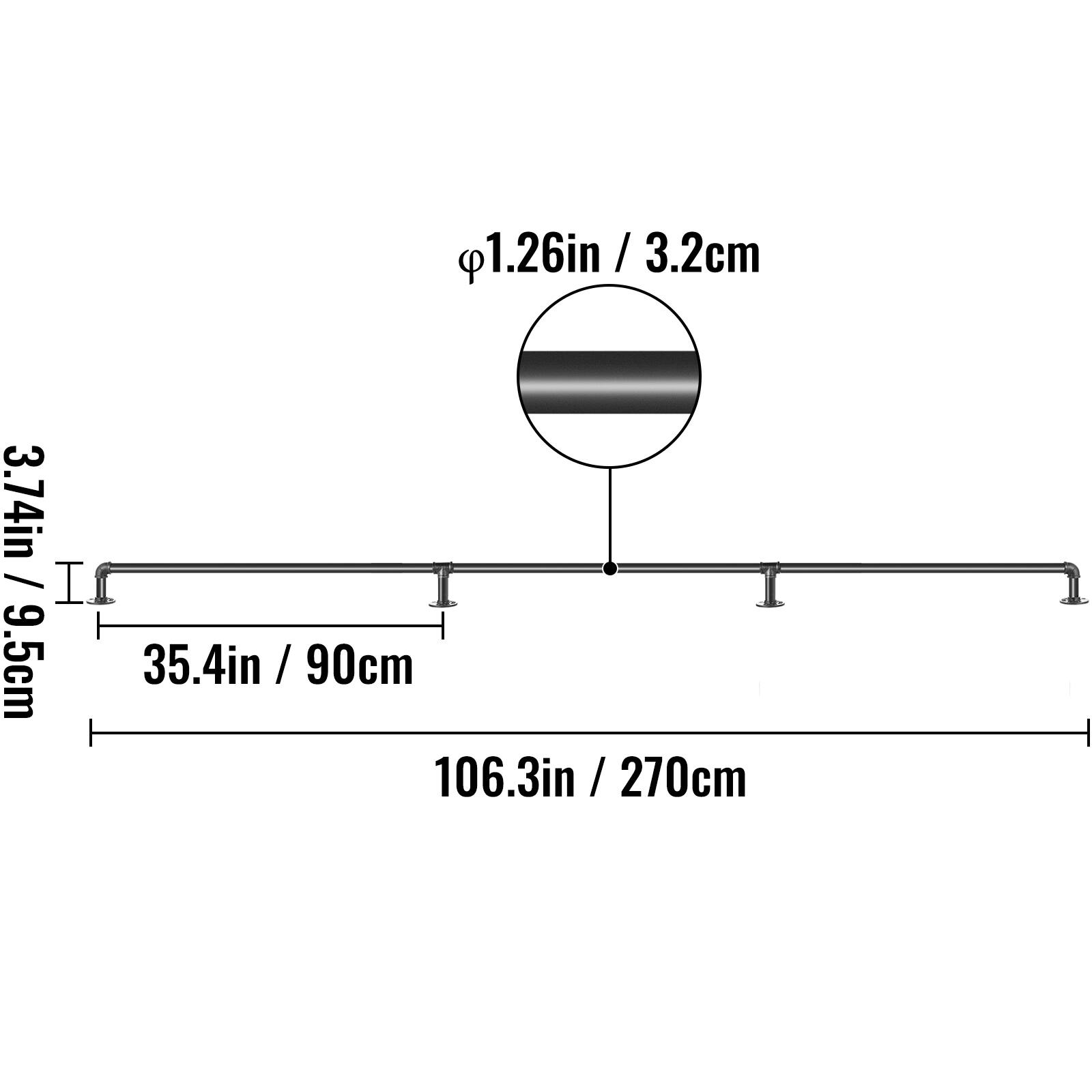 1.26in / 3.2cm, 3.74in / 9.5cm, 35.4in / 90cm, 106.3in / 270cm