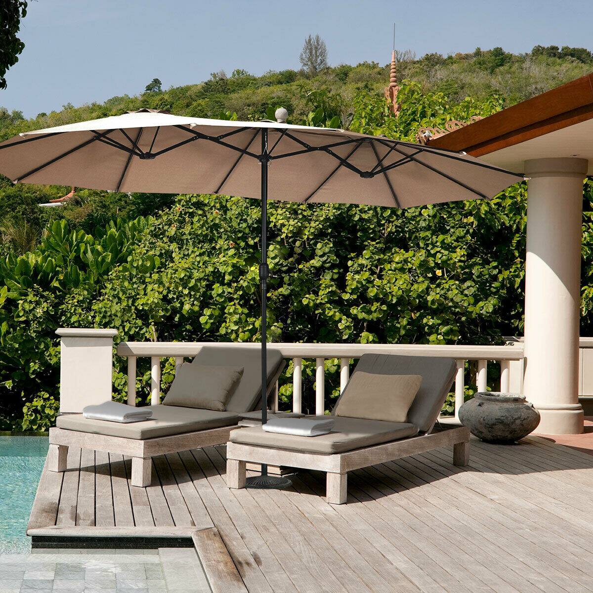 Alt View 1. Gymax - Gymax 15' Twin Patio Umbrella Double-Sided Outdoor Market Umbrella with Crank Tan - tan.