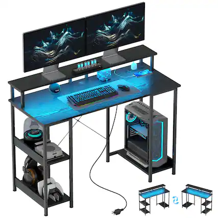 Front. Homcom - 47" Gaming Desk with Power Outlets and LED Lights, Reversible Computer Desk with Monitor Stand - Distressed Black.