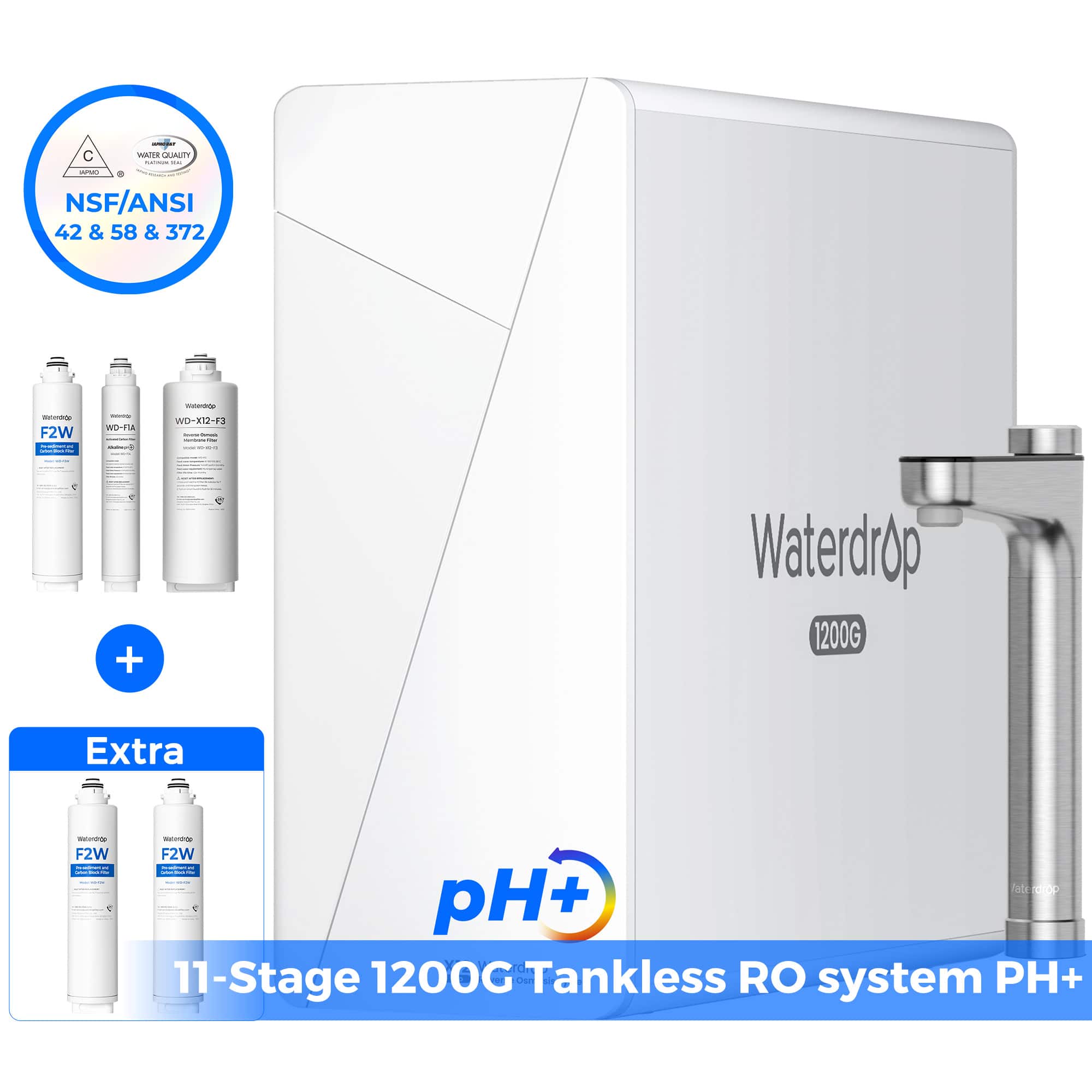 Waterdrop 1200G Extra - 11-Stage 1200G Tankless RO system PH+  
NSF/ANSI 42 & 58 & 372  
WD-X12-F3  
F2W  
pH+
