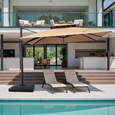 Alt View 7. Crestlive Products - Crestlive Products 11ft Square Aluminum Double Top Slide-tilt Cantilever Patio Umbrella with 350lbs Base - Brown.