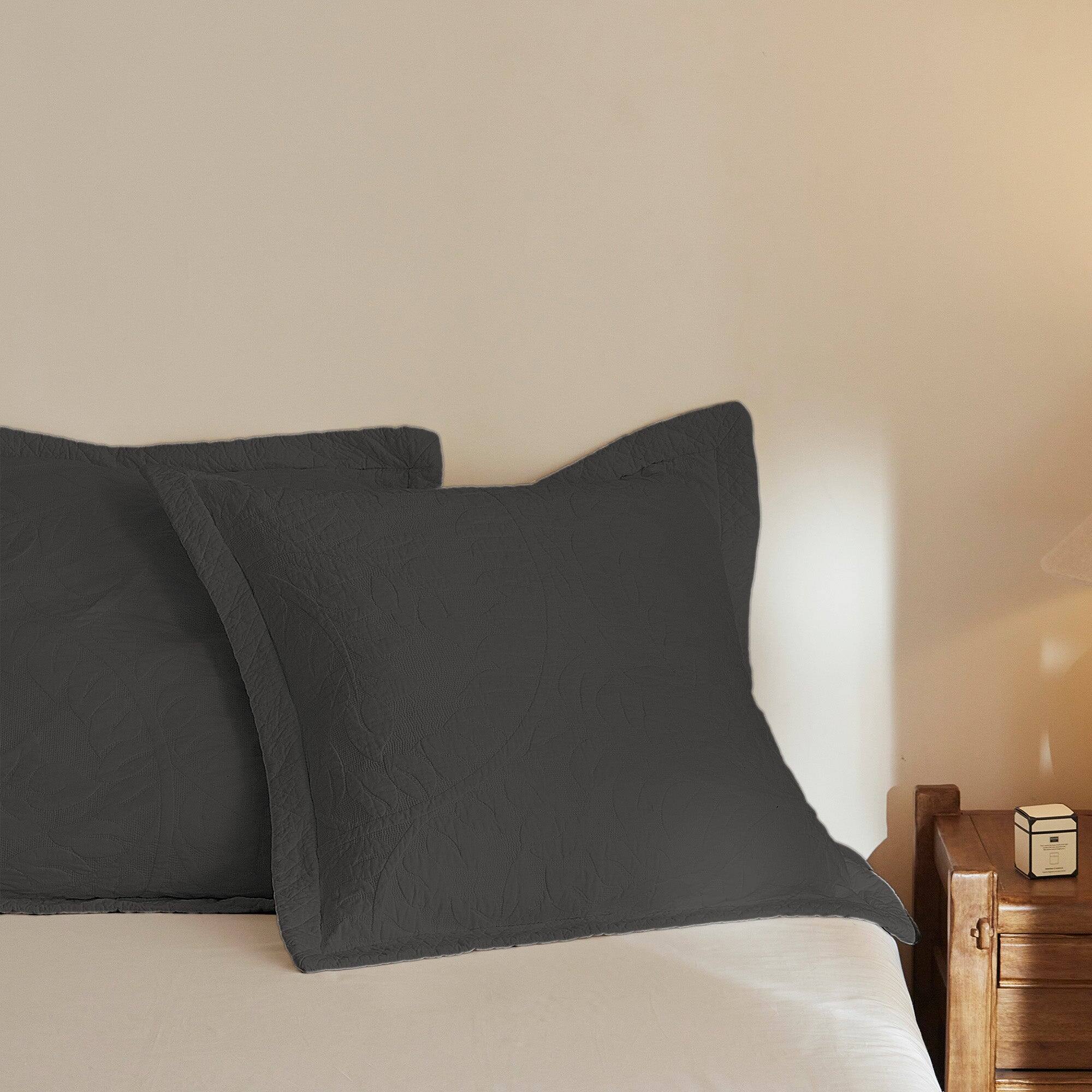 Angle. MarCielo - 100% Cotton Embroidered Quilted Pillow Shams Set of 2, 26"x26" Euro Size - Dark Grey.