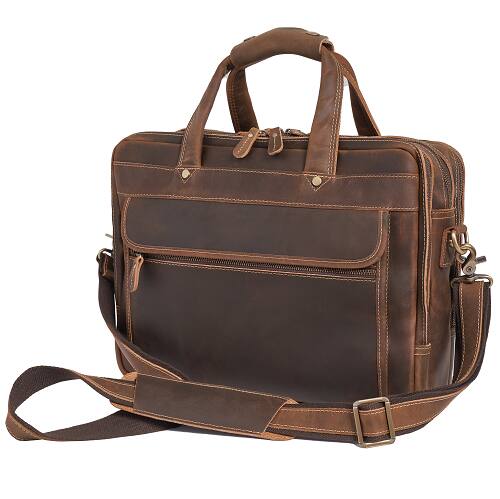 Angle. Luxorro - Leather Briefcase for men. Fits 17" Laptops - Dark Brown.