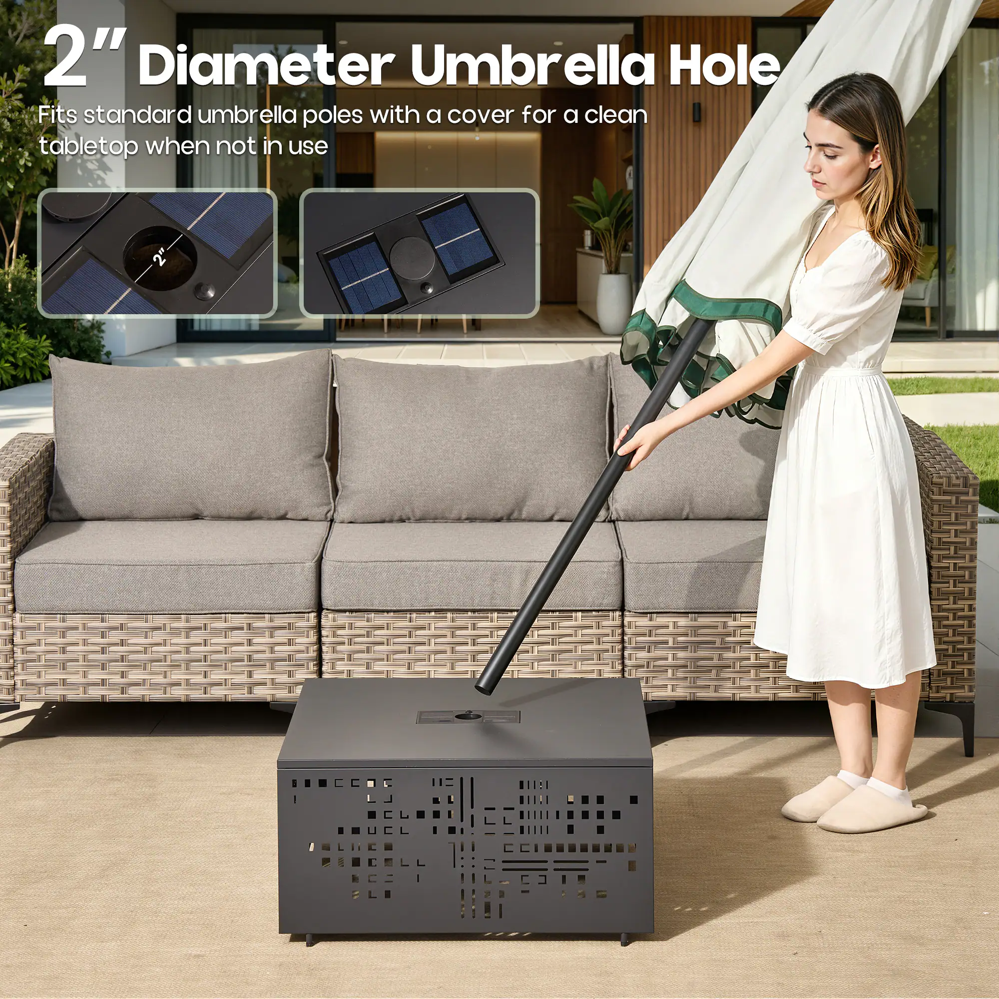 2" Diameter Umbrella Hole  
Fits standard umbrella poles with a cover for a clean tabletop when not in use