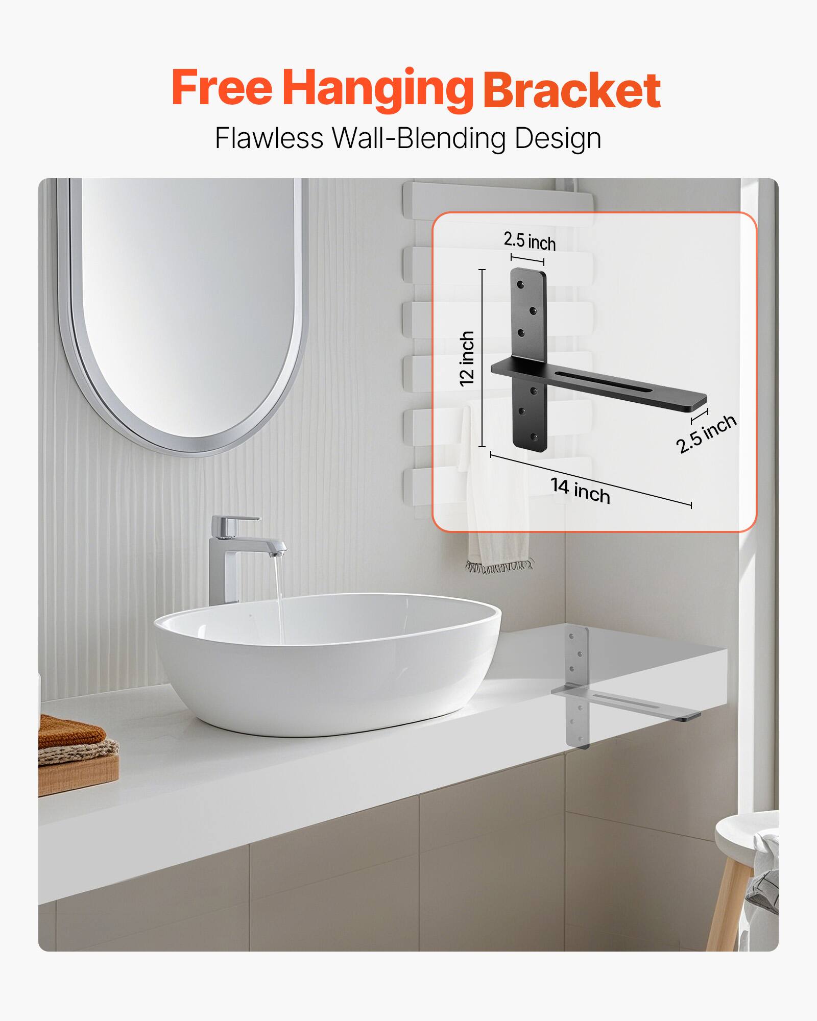 Free Hanging Bracket, Flawless Wall-Blending Design, 2.5 inch, 12 inch, 14 inch, 2.5 inch