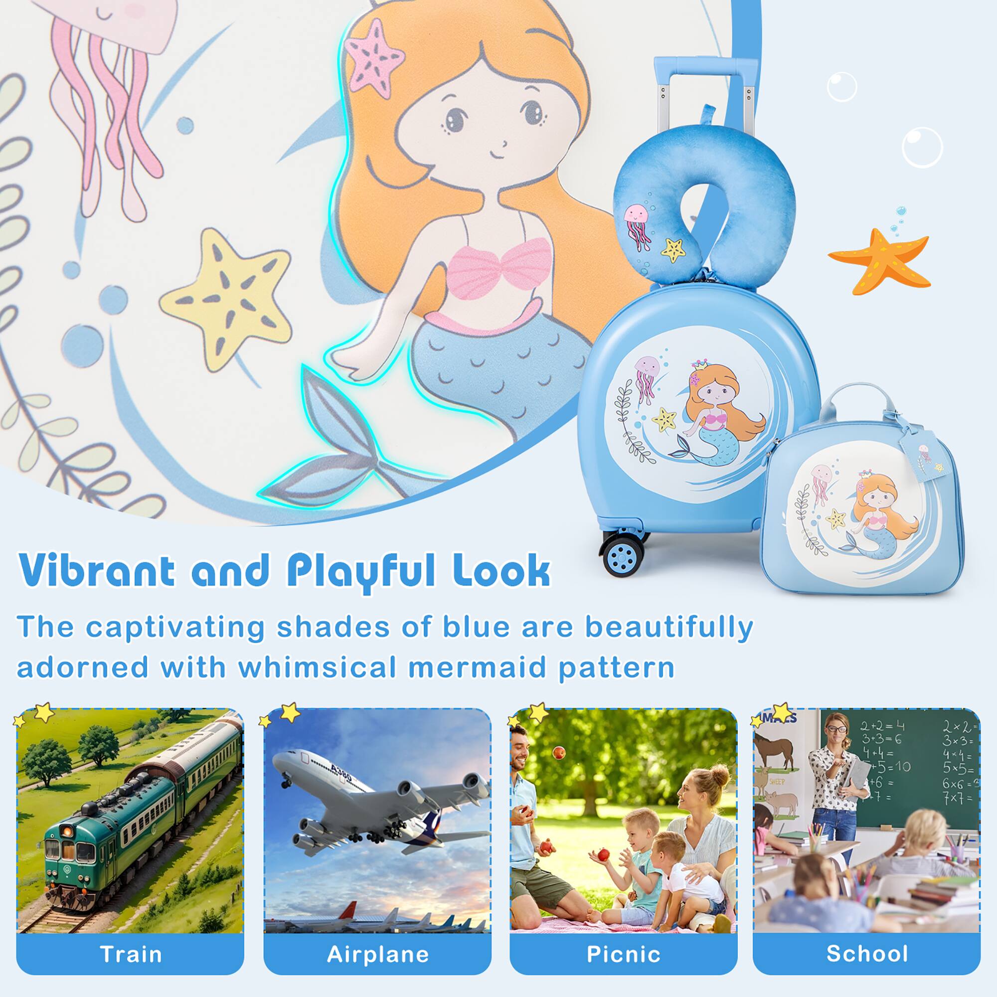 Vibrant and Playful Look  
The captivating shades of blue are beautifully adorned with whimsical mermaid pattern.

Train  
Airplane  
Picnic  
School