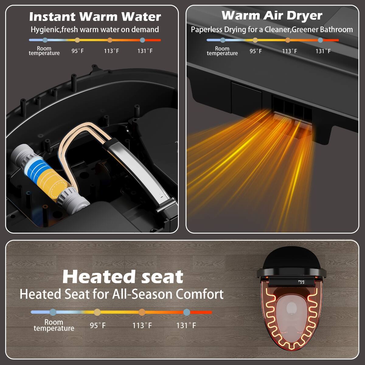 Instant Warm Water  
Hygienic, fresh warm water on demand

Warm Air Dryer  
Paperless Drying for a Cleaner, Greener Bathroom

Heated seat  
Heated Seat for All-Season Comfort