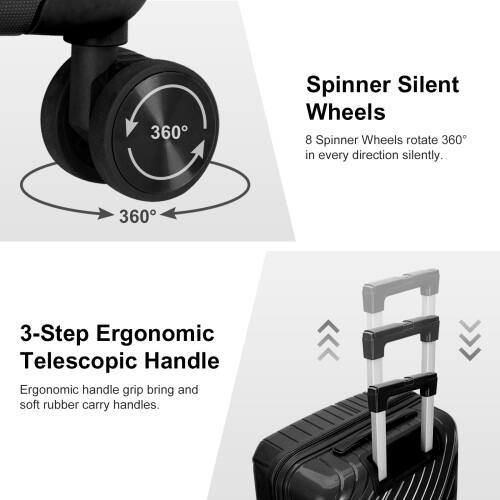 Spinner Silent Wheels  
8 Spinner Wheels rotate 360° in every direction silently.  

3-Step Ergonomic Telescopic Handle  
Ergonomic handle grip brings and soft rubber carry handles.