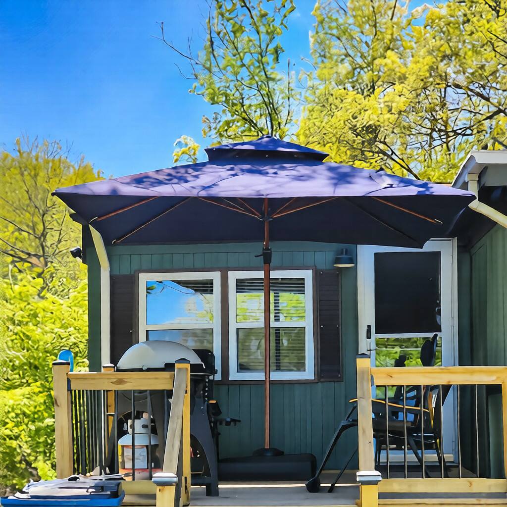 Left. PURPLE LEAF - 9 ft. Patio Square Outdoor Large Cantilever Umbrella Windproof Offset Heavy Duty Sun Umbrella with Base for Garden - Navy Blue.