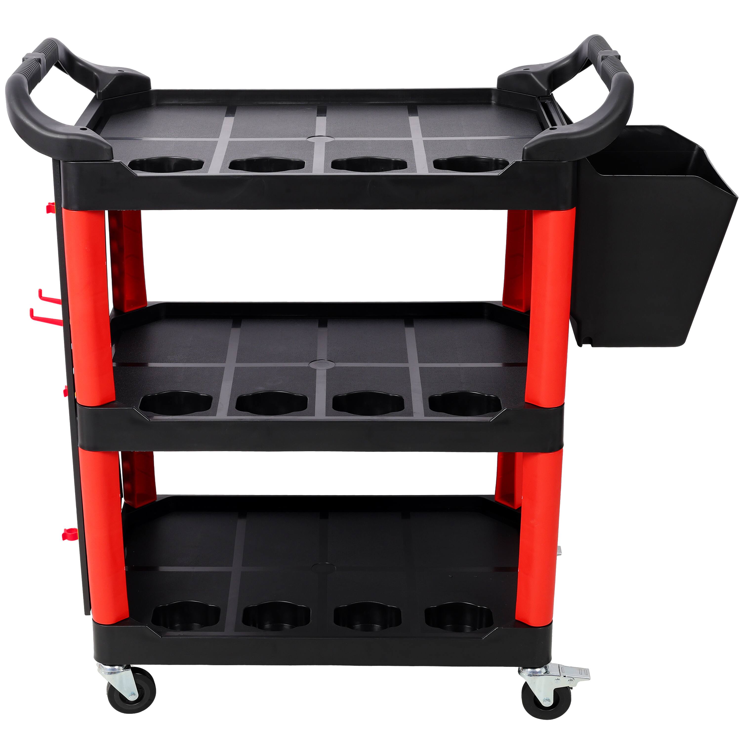 Angle. ELEMENT ACE - 3-Tier Rolling Auto Detailing Cart with Wheels, Bucket, Panel & Hooks - Garage, Workshop, Repair Shop Tool Storage - Black+Red.