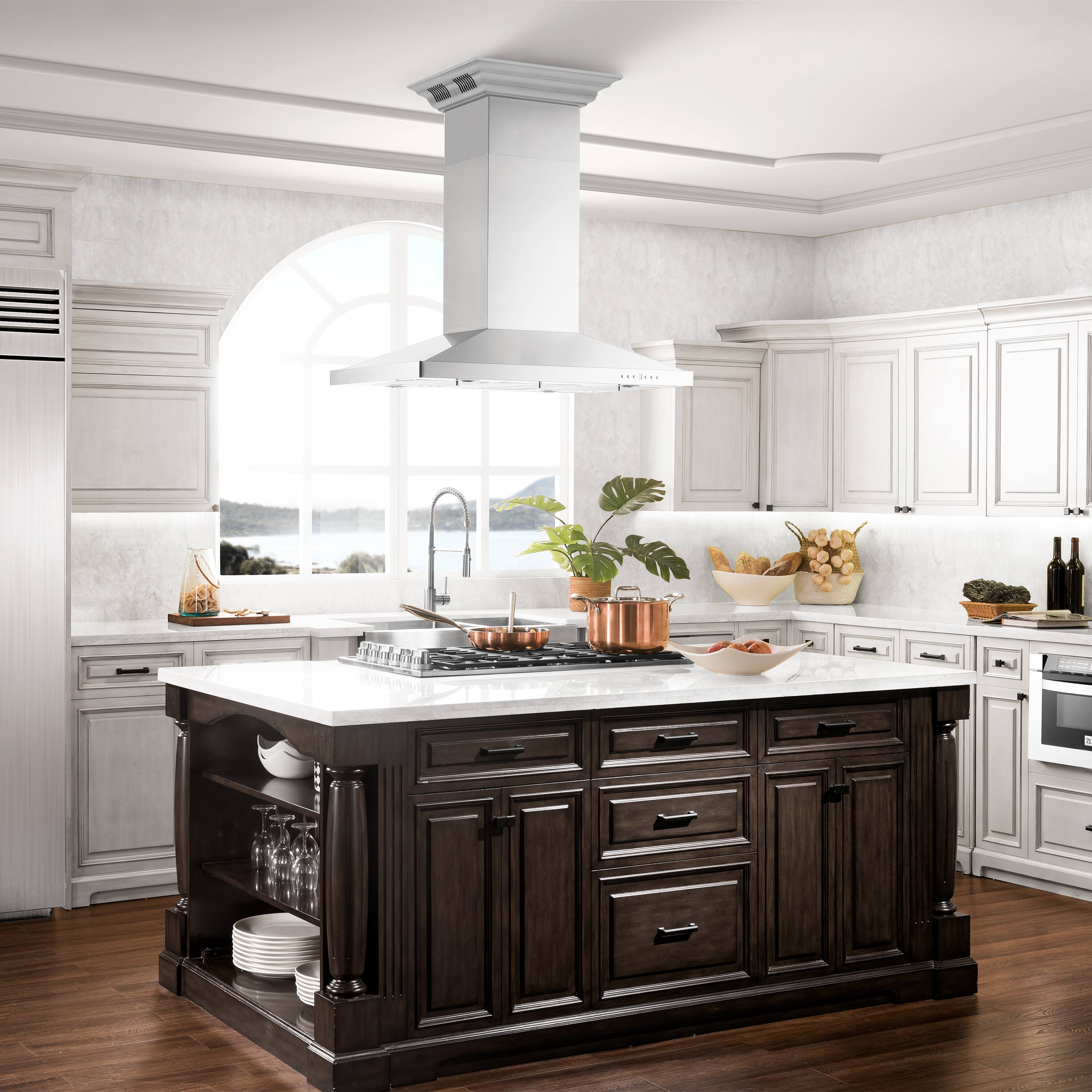 Alt View 6. ZLINE - 42 in. ZLINE CrownSound™Ducted Vent Island Mount Range Hood in Stainless Steel with Built-in Bluetooth Speakers - Stainless Steel.