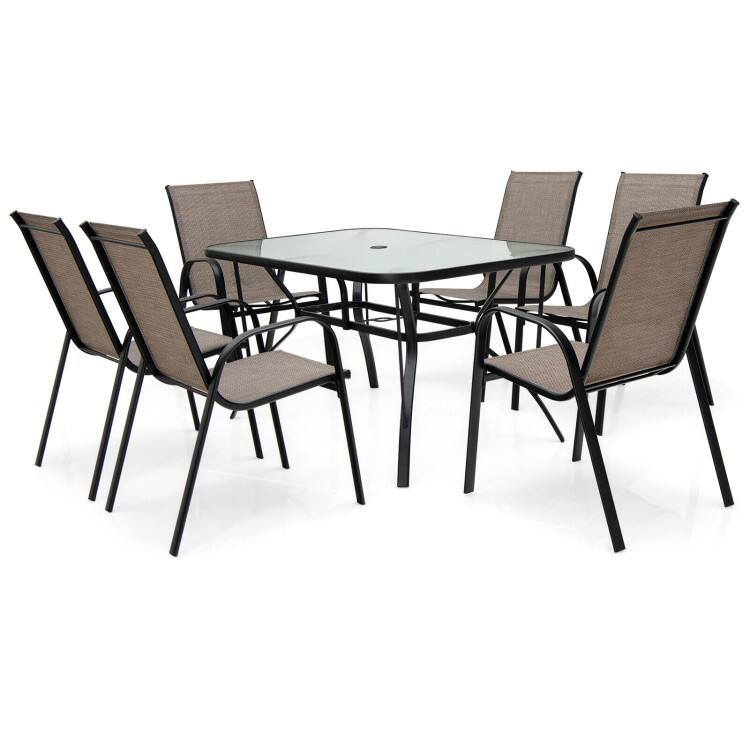 Alt View 3. Mondawe - 7-Piece Patio Dining Set w/ 6 Stackable Chairs, Outdoor Table with Umbrella Hole & Tempered Glass Top - Black.
