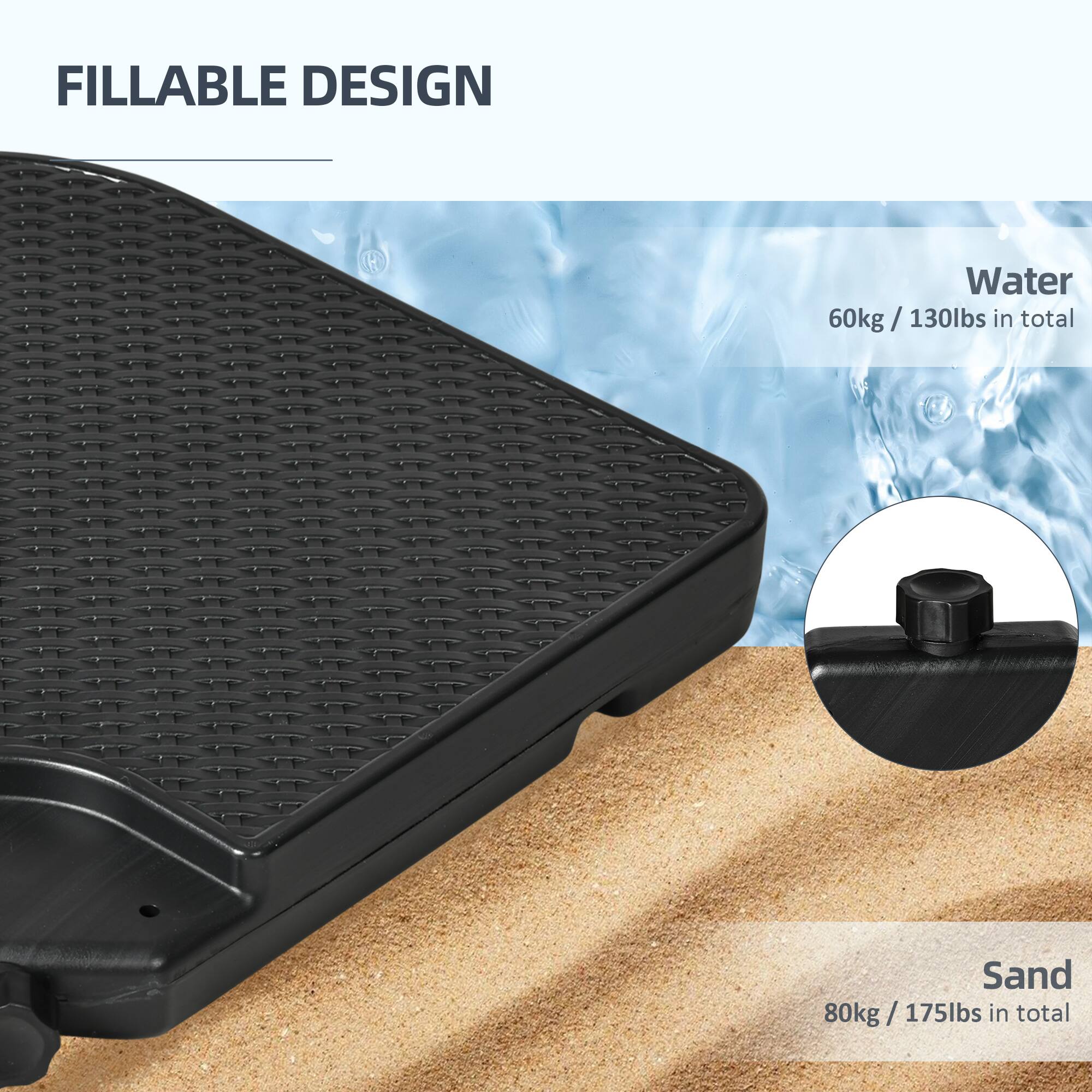 FILLABLE DESIGN

Water  
60kg / 130lbs in total

Sand  
80kg / 175lbs in total