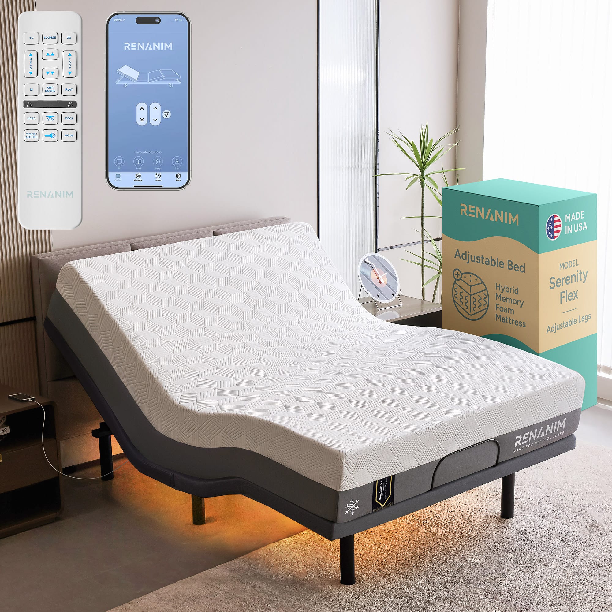- RENANIM
- Adjustable Bed
- MODEL Serenity Flex
- Hybrid Memory Foam Mattress
- Adjustable Legs
- MADE IN USA
- RENANIM
- Hybrid Serenity Flex
- Memory Foam Mattress
- Adjustable Legs
- RENANIM
- MADE IN USA