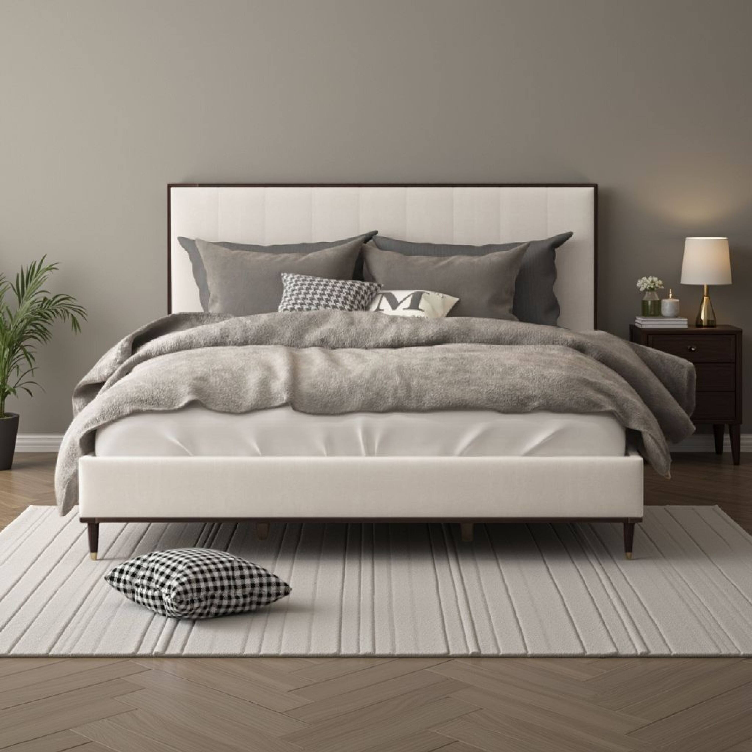 Alt View 5. Manhattan Lane - Aren Queen Bed, Light Gray Fabric Upholstery, Crisp White and Smooth Brown - Gray, White, Brown.