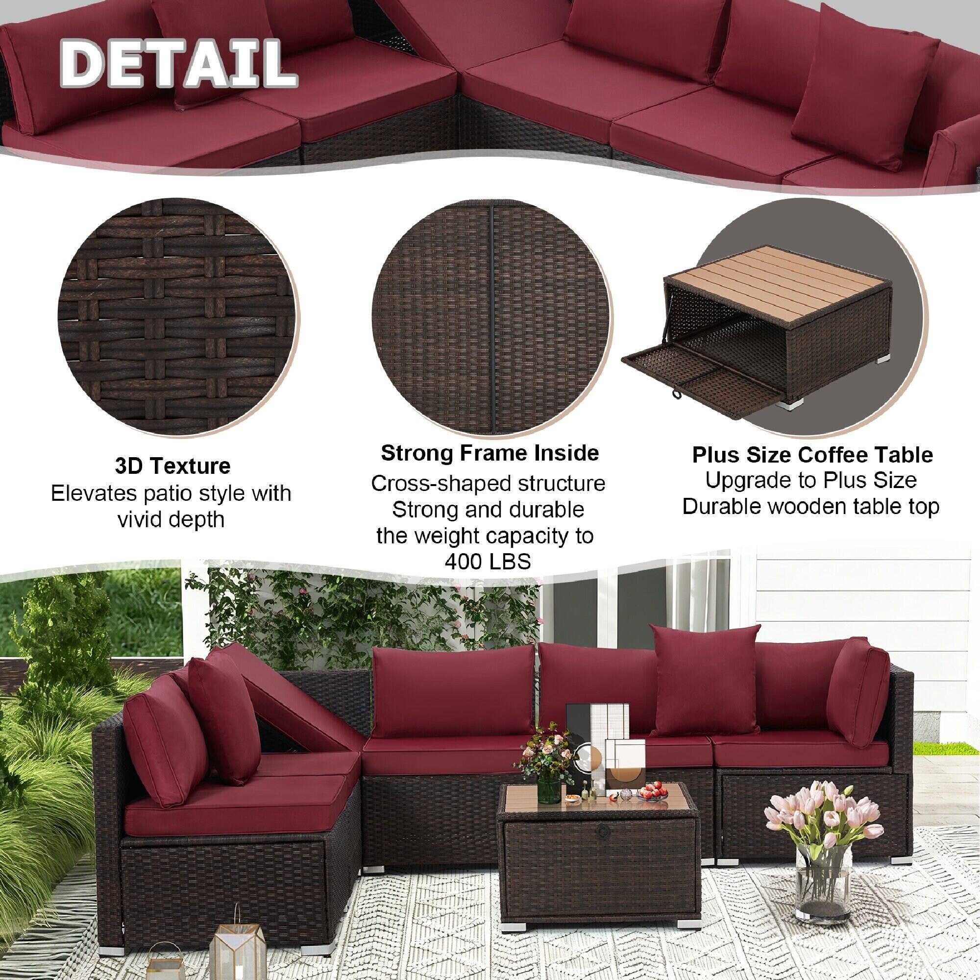 DETAIL

3D Texture  
Elevates patio style with vivid depth

Strong Frame Inside  
Cross-shaped structure  
Strong and durable  
Weight capacity to 400 LBS

Plus Size Coffee Table  
Upgrade to Plus Size  
Durable wooden table top