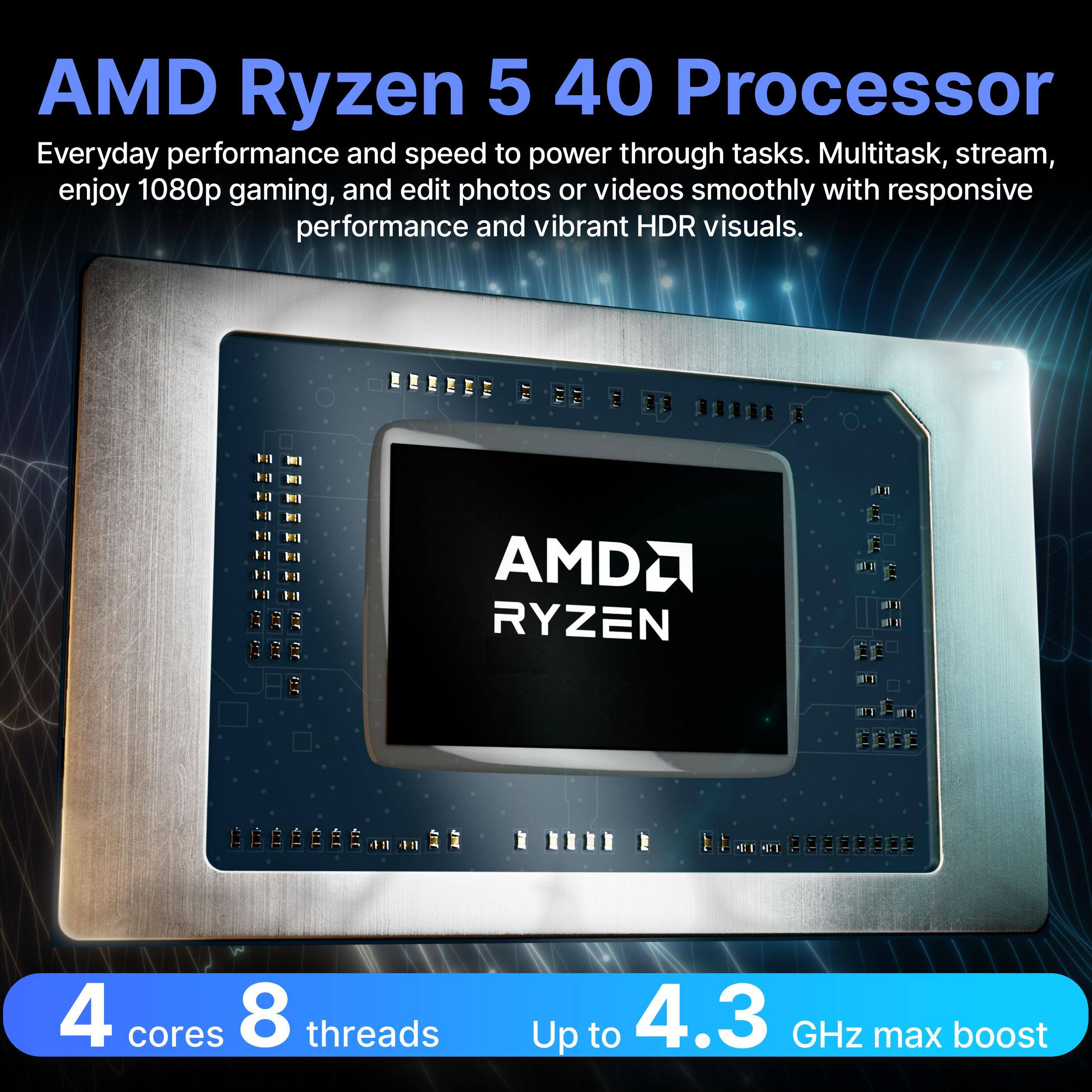 AMD Ryzen 5 40 Processor

Everyday performance and speed to power through tasks. Multitask, stream, enjoy 1080p gaming, and edit photos or videos smoothly with responsive performance and vibrant HDR visuals.

AMD RYZEN

4 cores 8 threads

Up to 4.3 GHz max boost