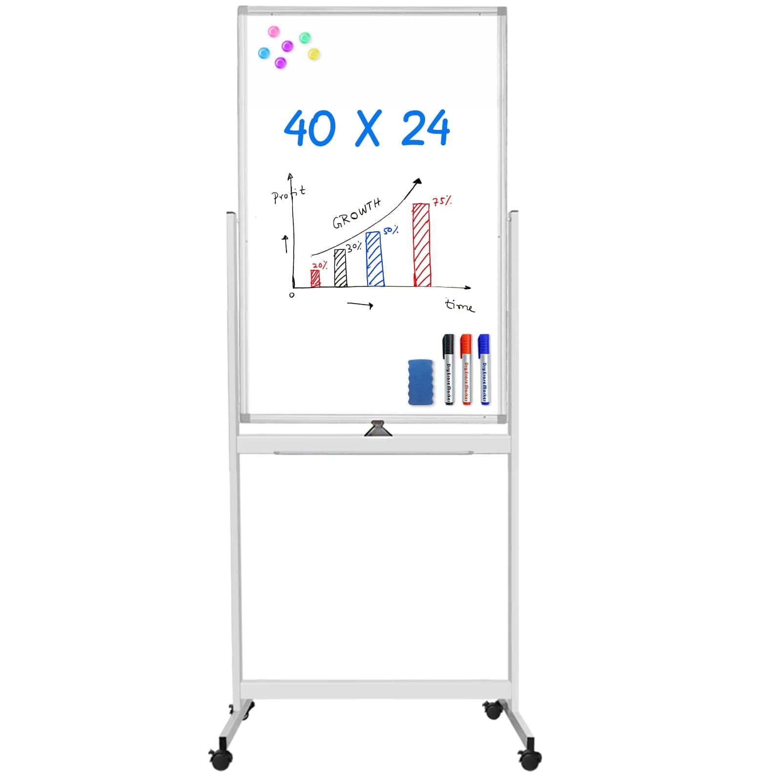 maxtek - Mobile Board 40 x 24 inches Double Sided Dry Erase Board Rolling Whiteboards & Presentation Supplies Whiteboard - White