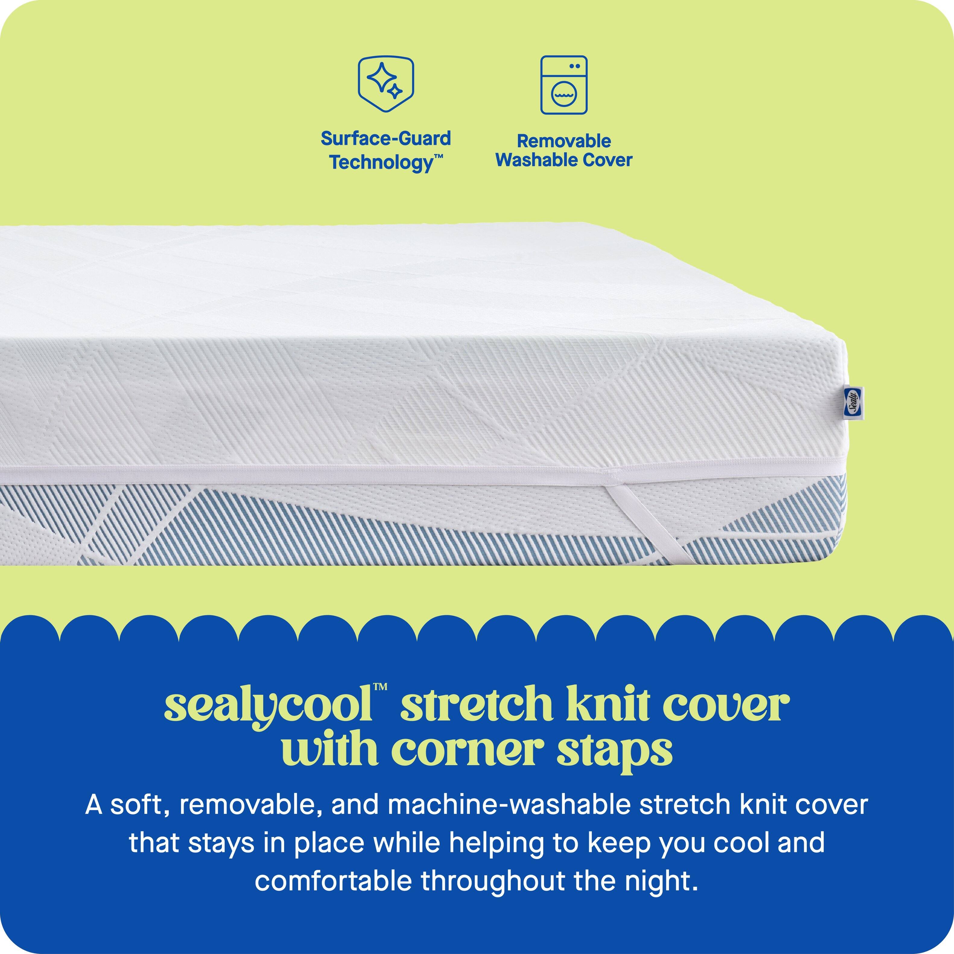 "Sealycool stretch knit cover with corner staps: A soft, removable, and machine-washable stretch knit cover that stays in place while helping to keep you cool and comfortable throughout the night."