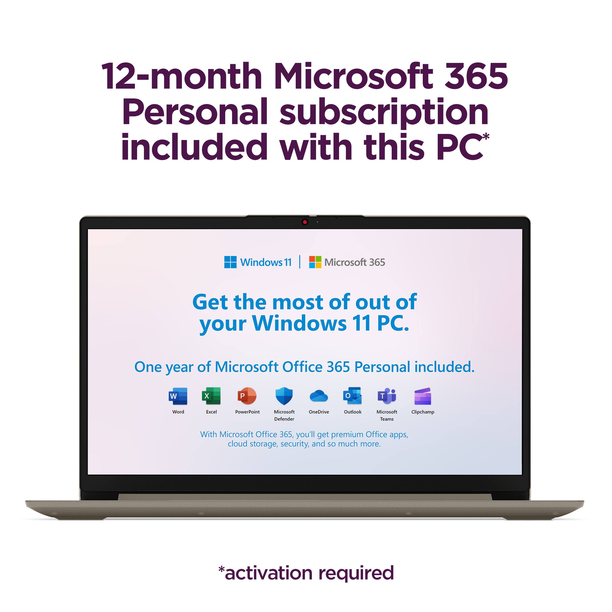 12-month Microsoft 365 Personal subscription included with this PC* Windows 11 | Microsoft 365 Get the most out of your Windows 11 PC. One year of Microsoft Office 365 Personal included. With Microsoft Office 365, you'll get premium Office apps, cloud storage, security, and so much more. *activation required