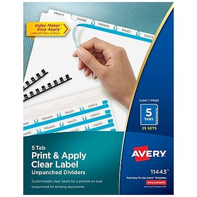 **PROFIT Index Maker Easy Apply Labels at Once**

**SHARE TRENDS SALES COSTS ARE TRENDS SALES SALES COSTS COSTS**

**Laser | Inkjet**

**5 TABS 25 SETS**

**5 Tab Print & Apply Clear Label Unpunched Dividers**

**Customizable clear labels for a printed-on look**

**Unpunched for binding documents**

**AVERY 11443**

**Free Easy-To-Use Avery Templates**

**Index Maker Easy Apply Labels at Once**
