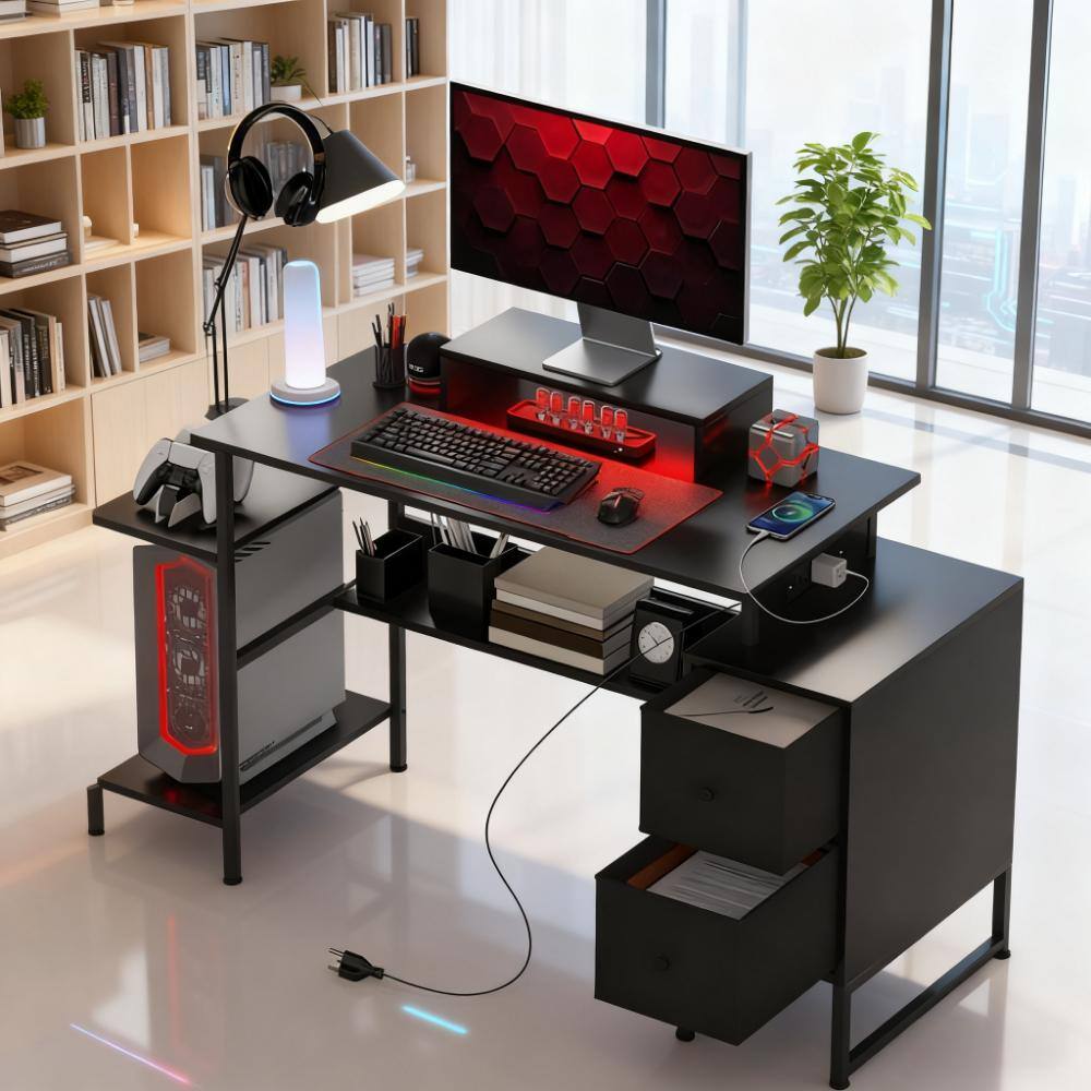 Alt View 1. Aukfa - Gaming Desk with Storage, Computer Table with Power Outlets and LED Lights,For Home and Office - Black.