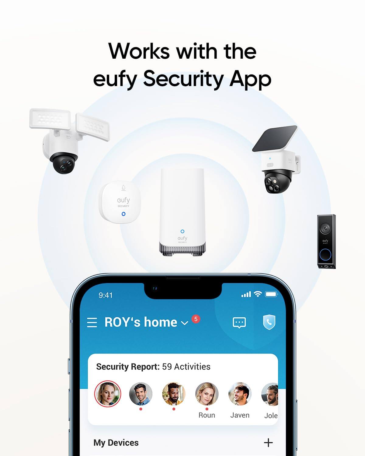 Works with the eufy Security App

ROY's home

Security Report: 59 Activities

My Devices

Roun Javen Jole