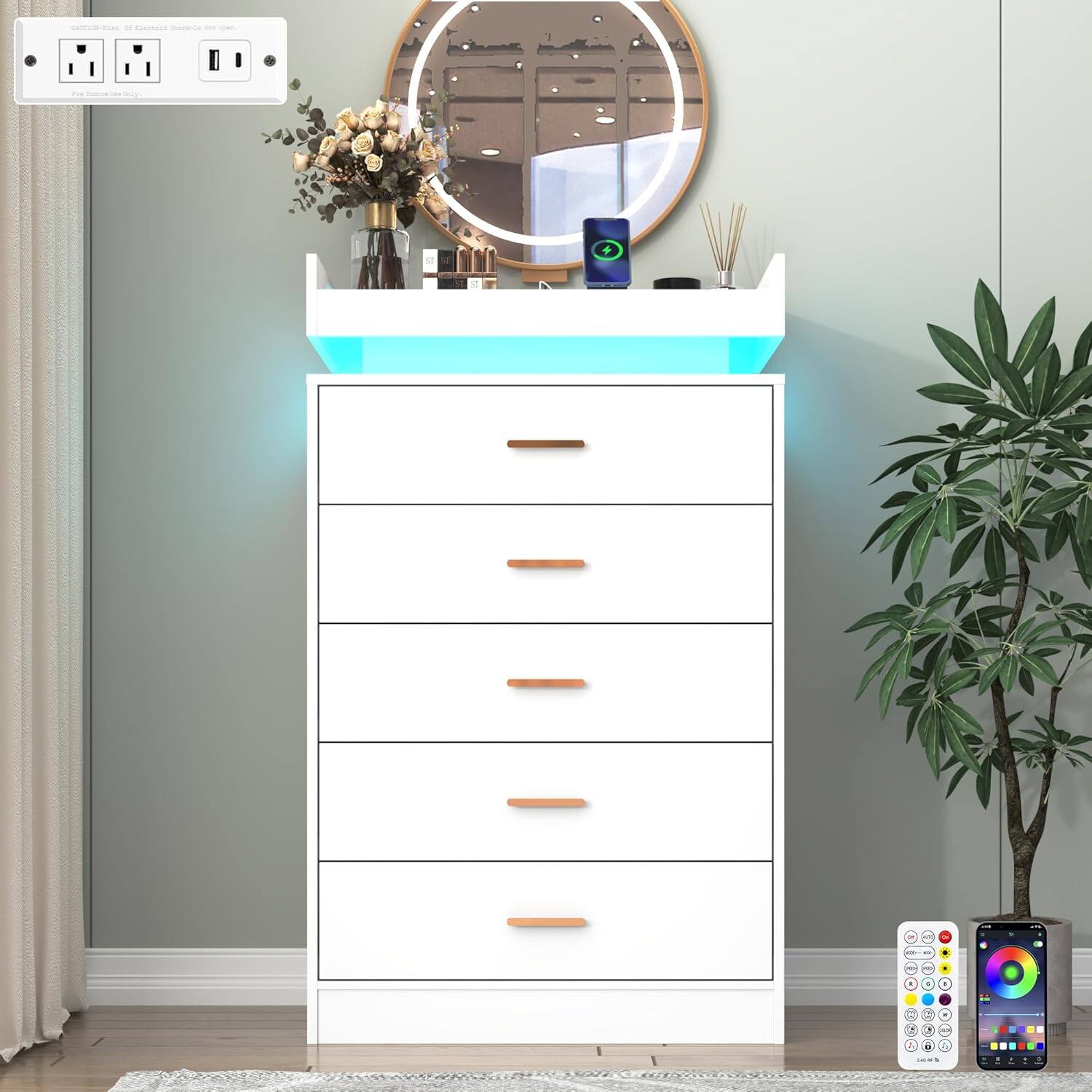Left. Espafurni - 5 - Drawer Dresser with LED Light & Charging Station - Modern Chest for Bedroom, Living Room, Entryway & Hallway - White.