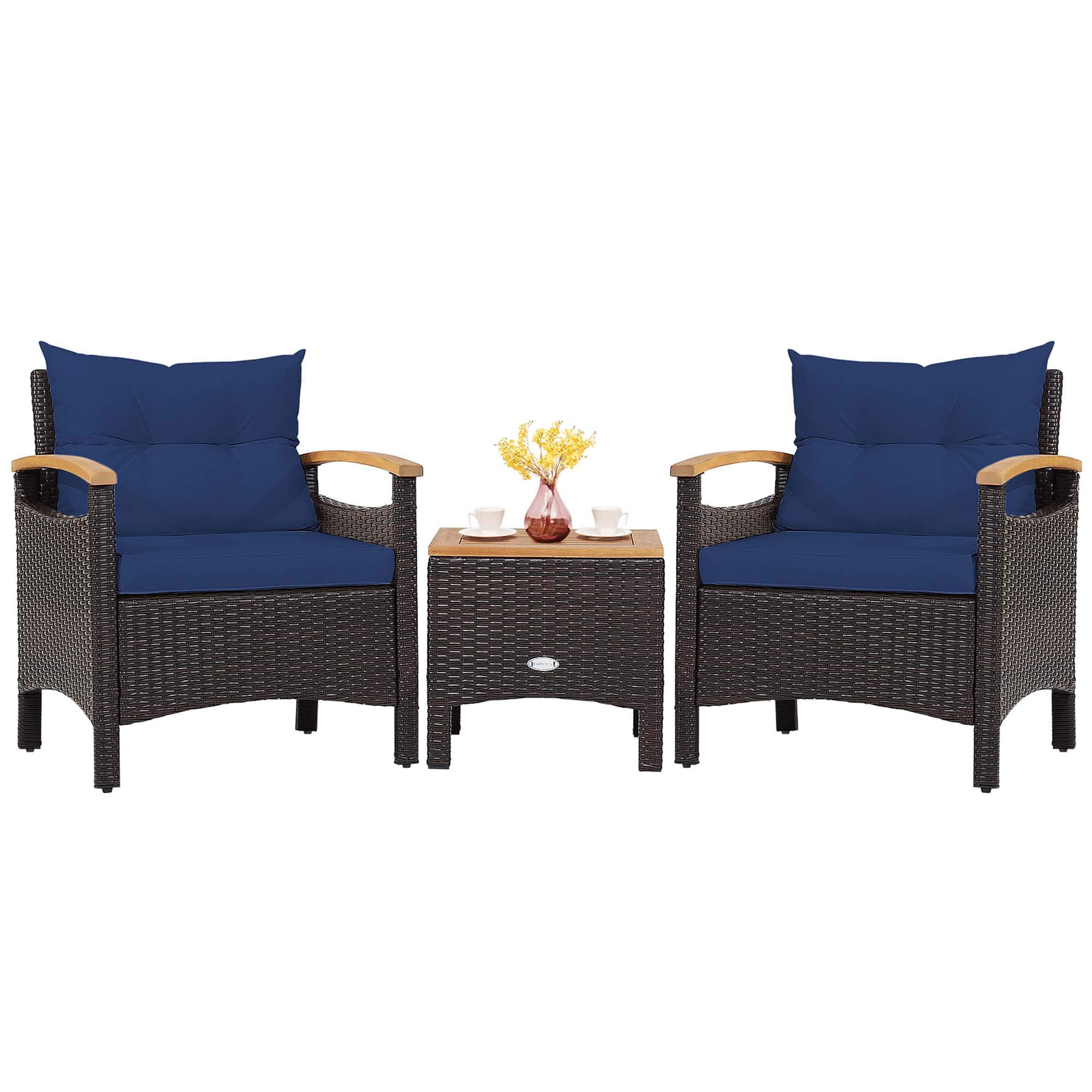 Front. Costway - Costway 3PCS Patio Rattan Furniture Set Wooden Armrest Table Top Cushioned Deck - Mix Brown,Navy.