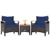 Front. Costway - Costway 3PCS Patio Rattan Furniture Set Wooden Armrest Table Top Cushioned Deck - Mix Brown,Navy.