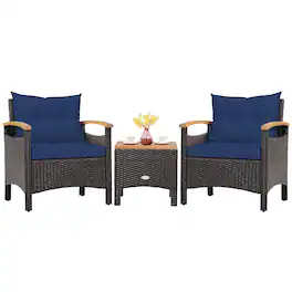 Costway - 3PCS Patio Rattan Furniture Set Wooden Armrest Table Top Cushioned Deck - Mix Brown,Navy