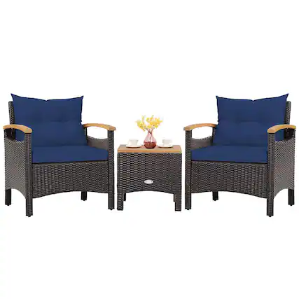 Front. Costway - Costway 3PCS Patio Rattan Furniture Set Wooden Armrest Table Top Cushioned Deck - Mix Brown,Navy.