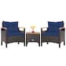 Costway - 3PCS Patio Rattan Furniture Set Wooden Armrest Table Top Cushioned Deck - Mix Brown,Navy