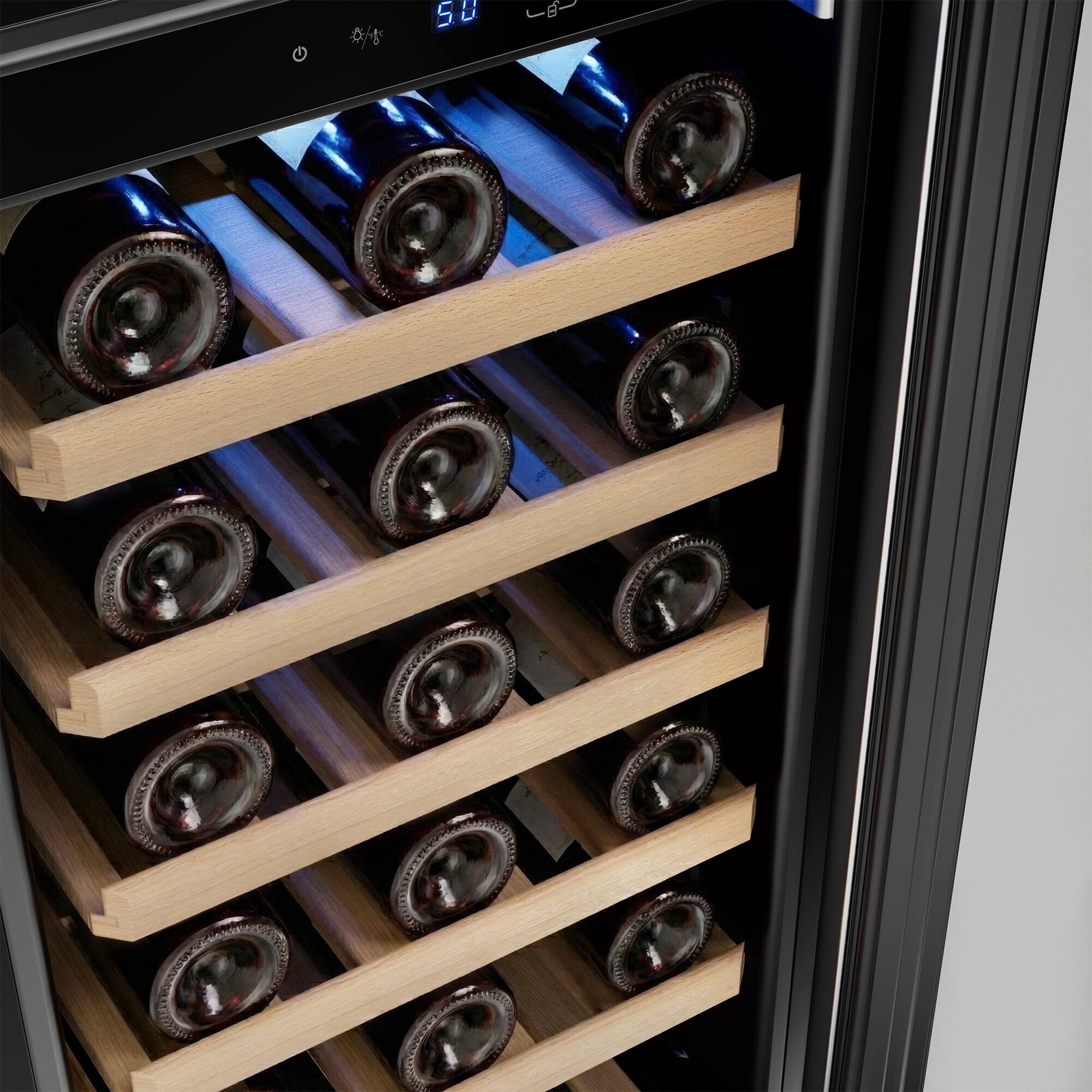 Back. Empava - 15 In. 13-bottle Wine Cooler With Compressor Cooling, 6 Beech Wood Shelves, Built-in/freestanding Wine Fridge In Black - Black.