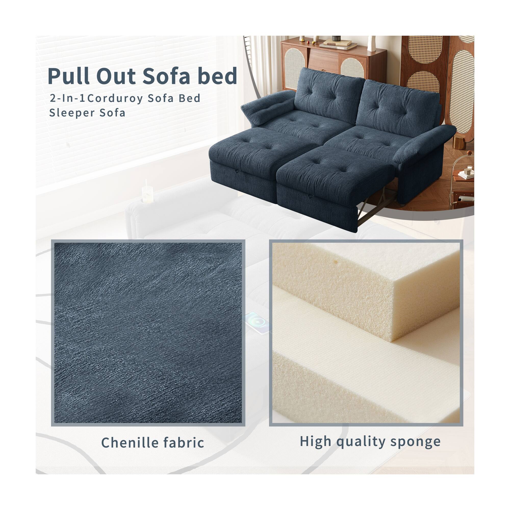 Pull Out Sofa bed  
2-In-1 Corduroy Sofa Bed  
Sleeper Sofa  

Chenille fabric  
High quality sponge