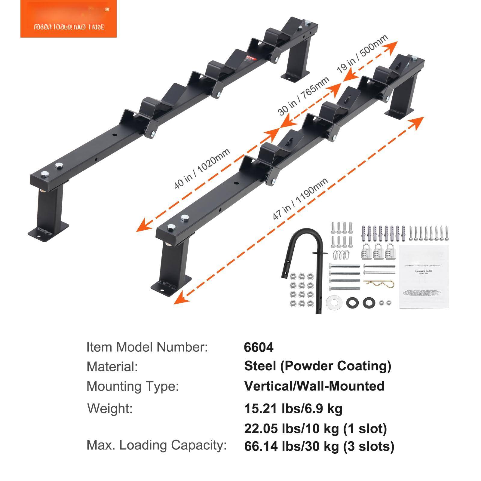 - RUGOI TLAE) I ADE I 500mm in 19 I 765mm in 30 I 1020mm in 40 I 1190mm in 47

- Item Model Number: 6604

- Material: Steel (Powder Coating)

- Mounting Type: Vertical/Wall-Mounted

- Weight: 15.21 lbs/6.9 kg

- Max. Loading Capacity: 22.05 lbs/10 kg (1 slot), 66.14 lbs/30 kg (3 slots)