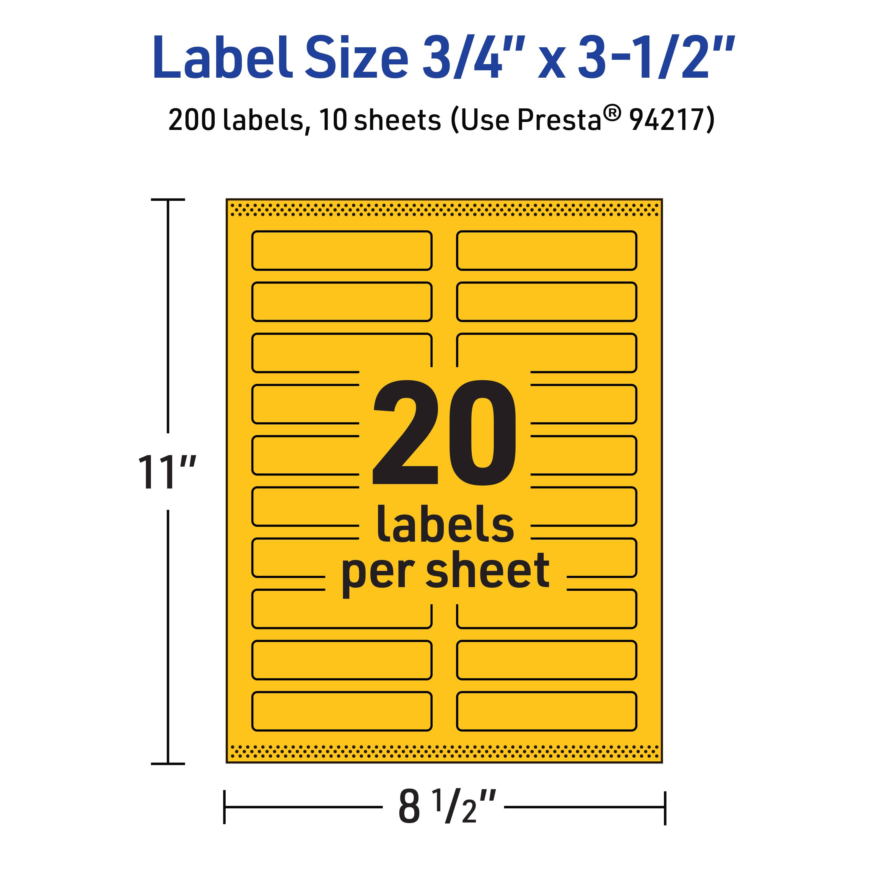 Label Size 3/4" x 3-1/2"  
200 labels, 10 sheets (Use Presta® 94217)  
20 labels per sheet  
11" x 8 1/2"