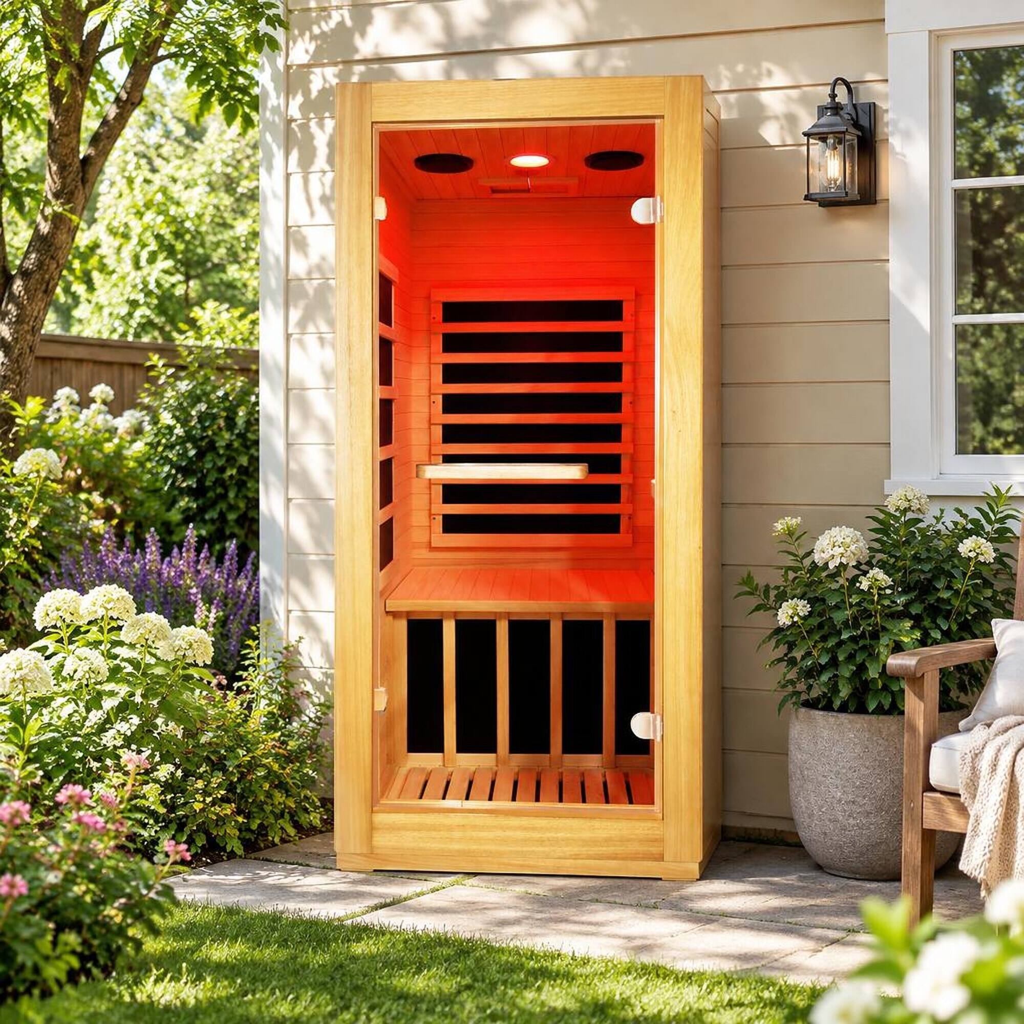 Alt View 2. RYHNUYNE - Infrared Sauna Room, Single Person, 900W, 5 Epoxy Heating Plates, AUS Wood, 10-Color Downlight, 100 kg Seat Capacity - Natural.