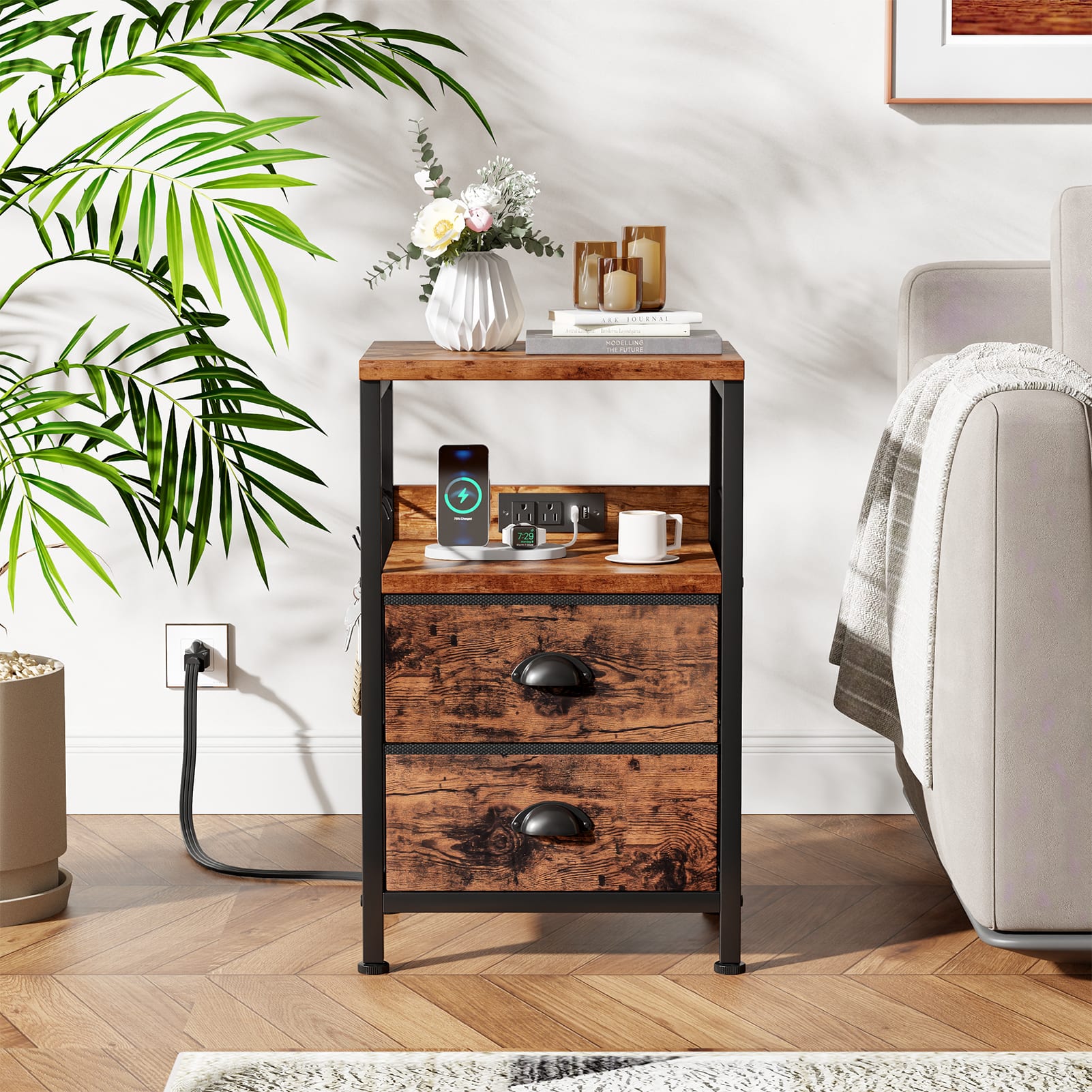 Furnulem - Nightstand with 2 Drawers Outlets Bedside Tables with 2 USB Ports 2Tier Open Shelf - Brown price history on PriceWatchPro
