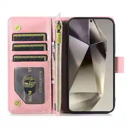 Kitcheniva - PU Leather Wallet Zipper Phone Case With Tempered Glass For Samsung Galaxy S25 Ultra - Rose Gold