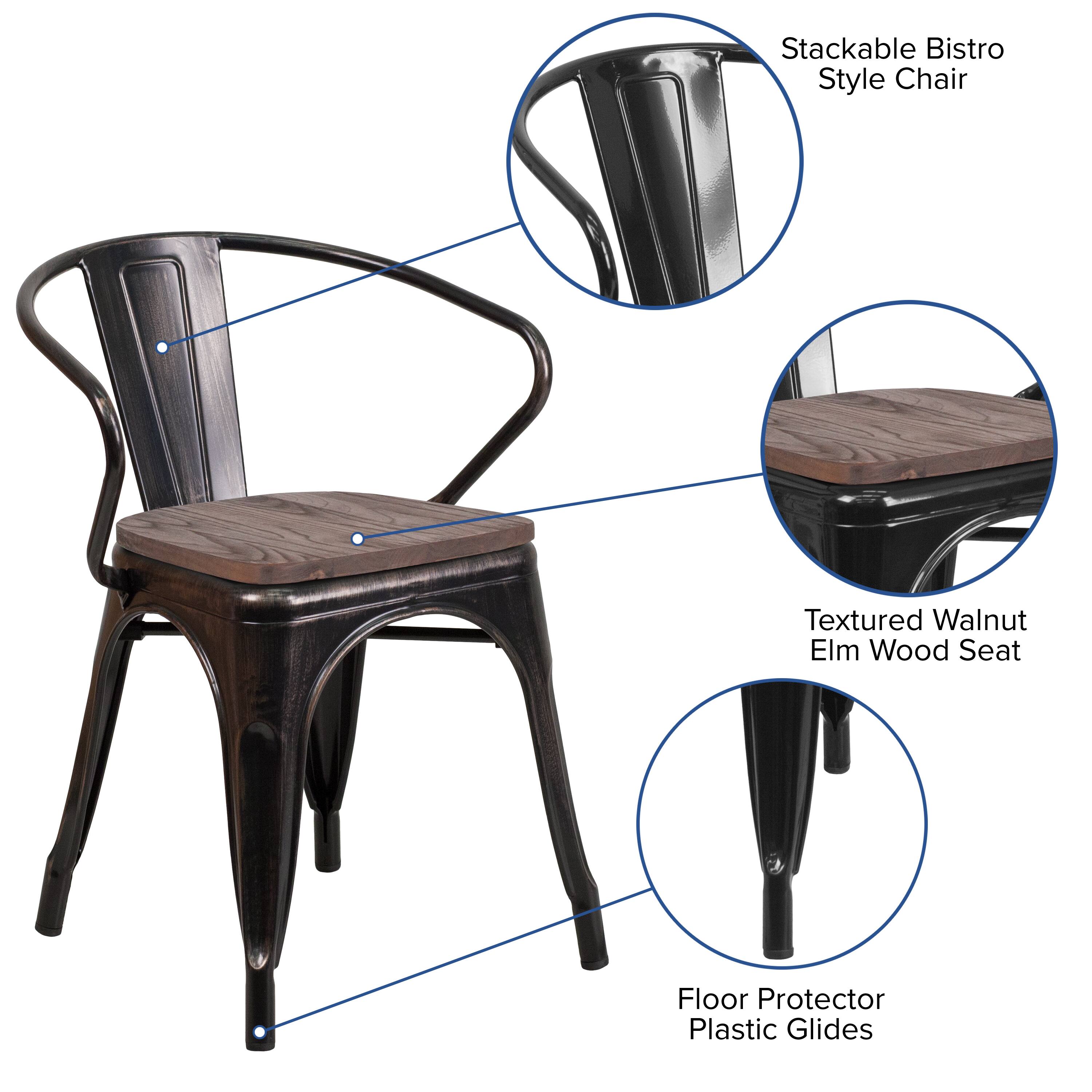 Stackable Bistro Style Chair  
Textured Walnut Elm Wood Seat  
Floor Protector Plastic Glides