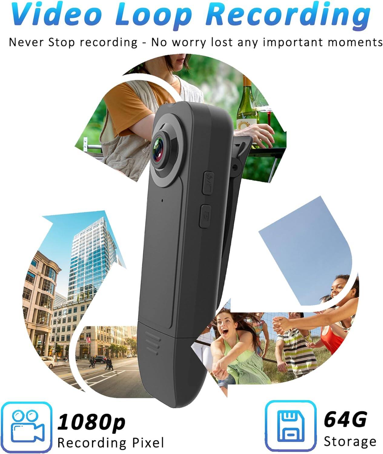 Video Loop Recording  
Never Stop recording - No worry lost any important moments  

1080p Recording Pixel  
64G Storage