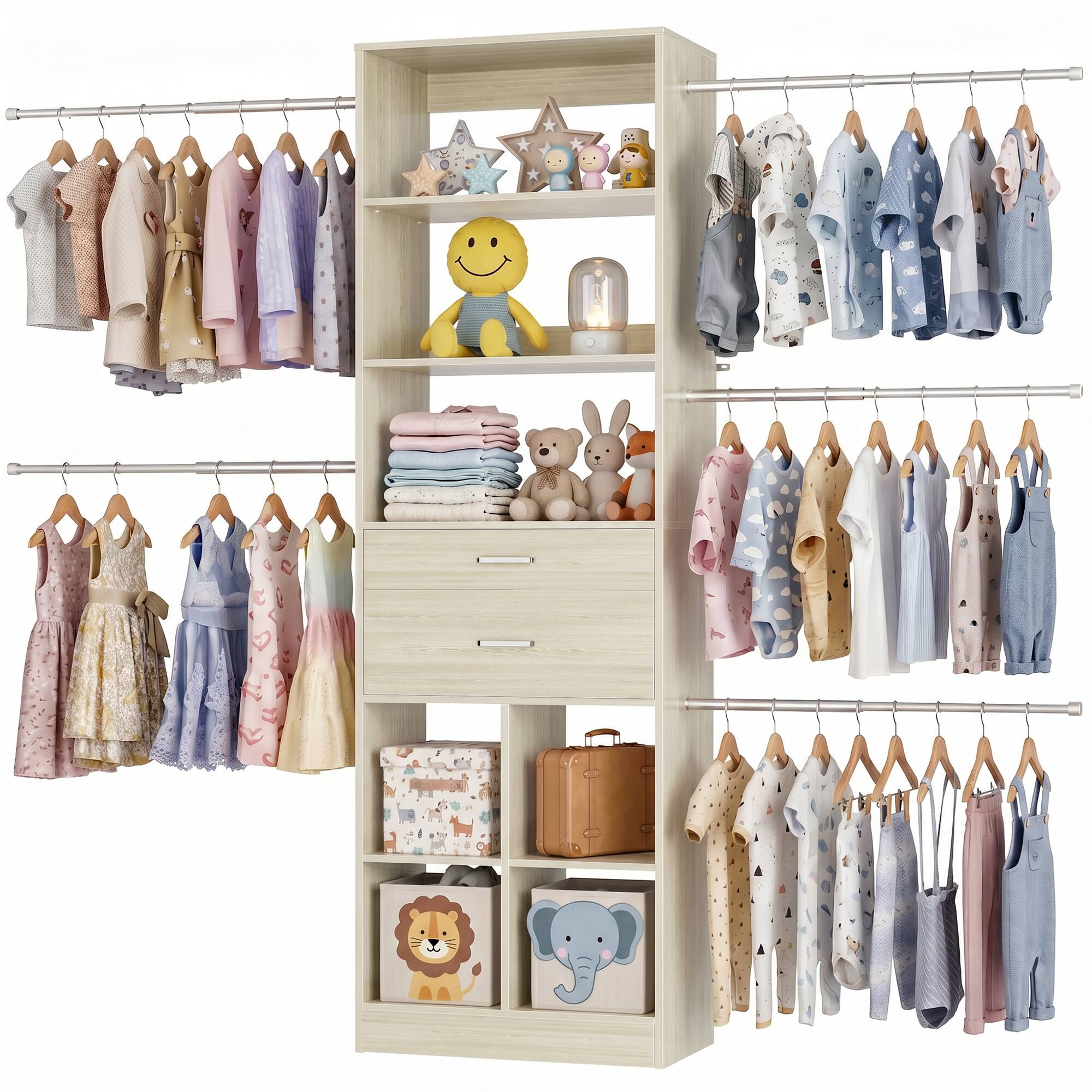 Angle. Aheaplus - Small Closet System, 3.2-6.8FT Adjustable Closet Organizer with 2 Drawers & 5 Hanging Rods - White Oak.