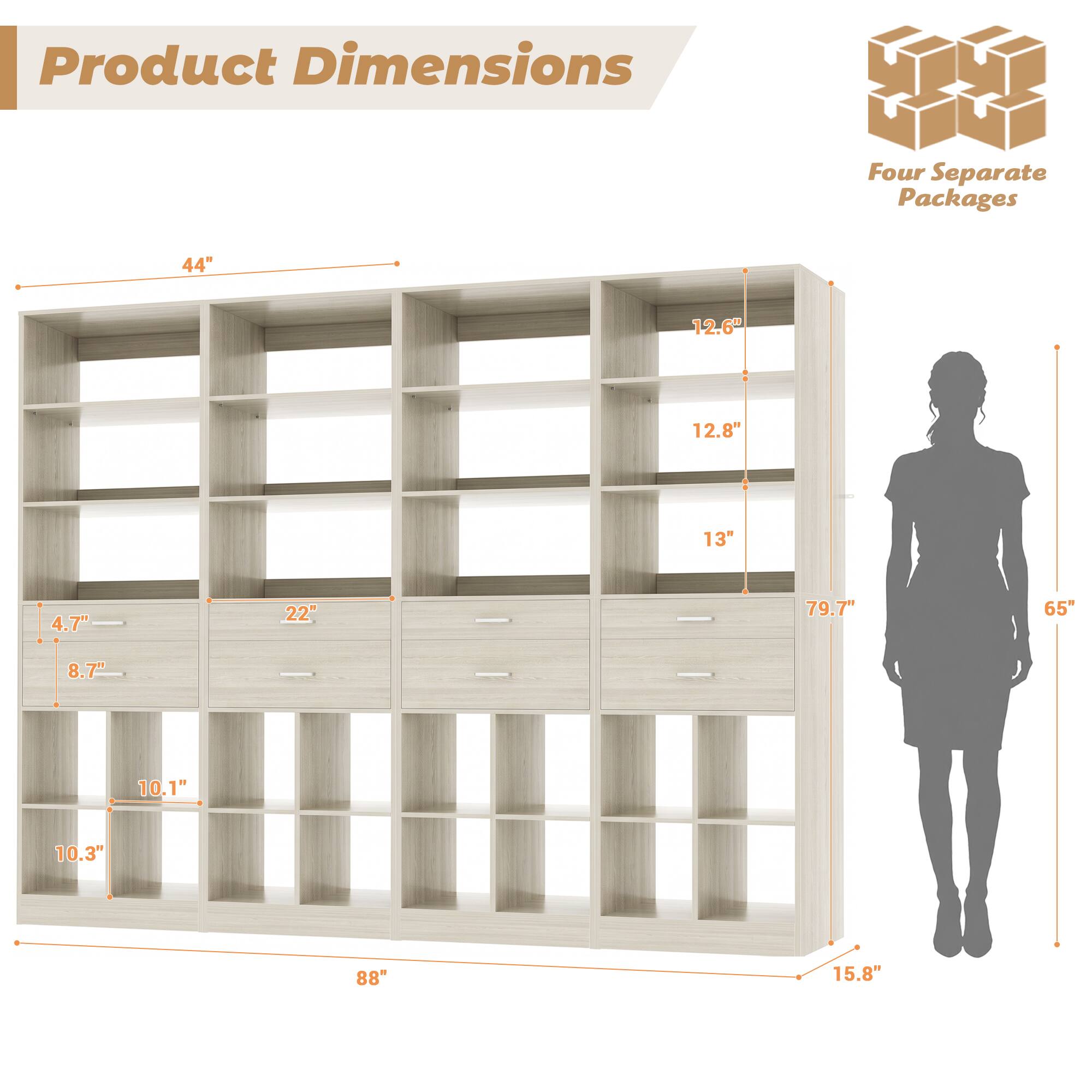 Product Dimensions: Four Separate Packages

- 44"
- 12.6"
- 12.8"
- 13"
- 4.7"
- 22"
- 79.7"
- 65"
- 8.7"
- 10.1"
- 10.3"
- 88"
- 15.8"