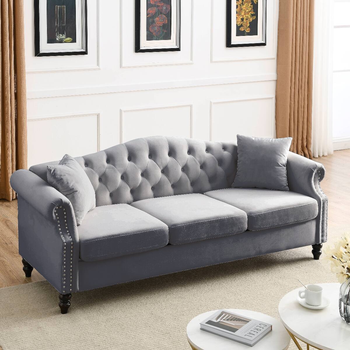 Angle. Ropilly - Ropilly Grey Velvet Chesterfield Sofa, 79 Inch 3 Seater Tufted Couch for Living Room - Grey.